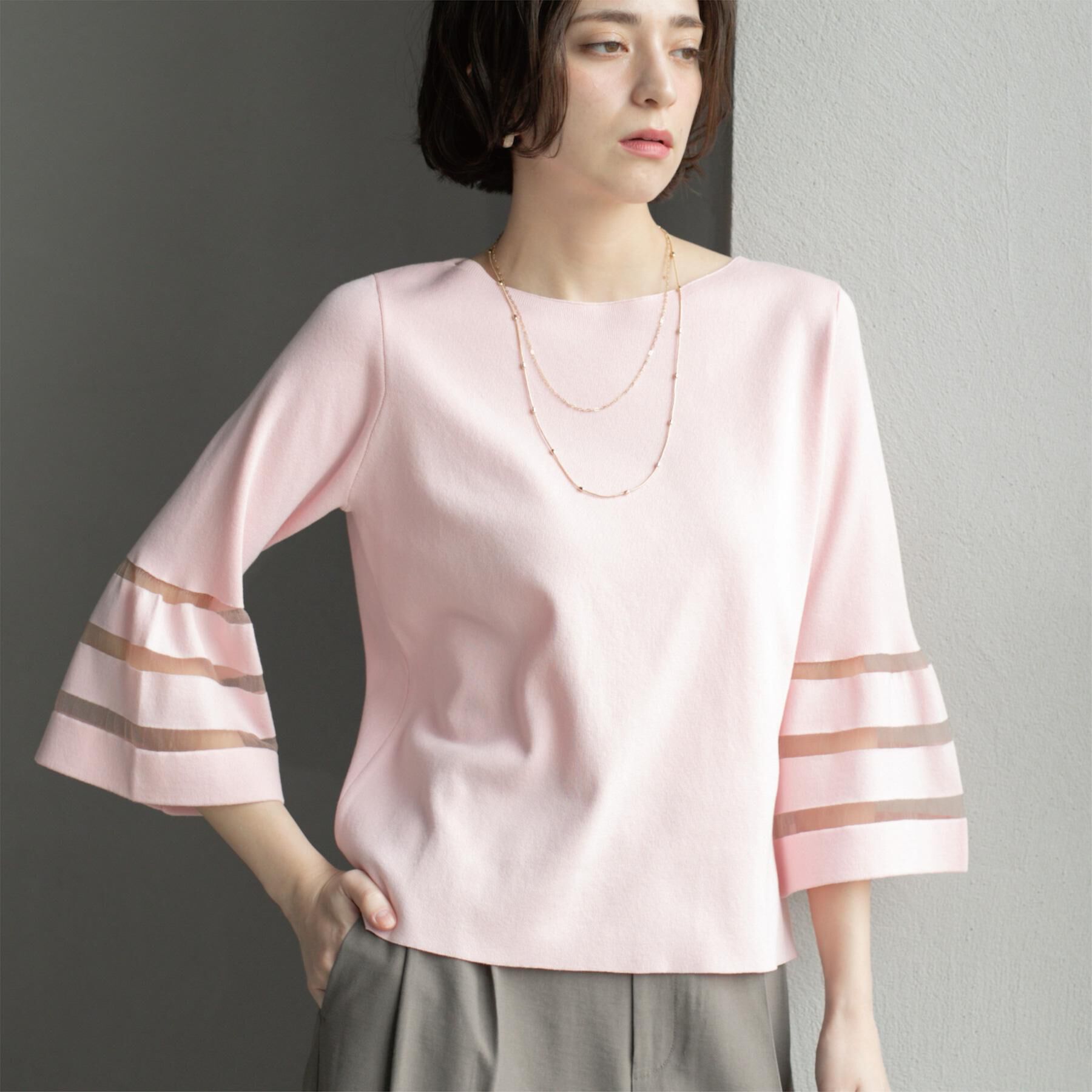 OPAQUE.CLIP「《6色展開》シアーボーダーフレアスリーブニット【洗濯機洗い可】」|ニット・セーター|