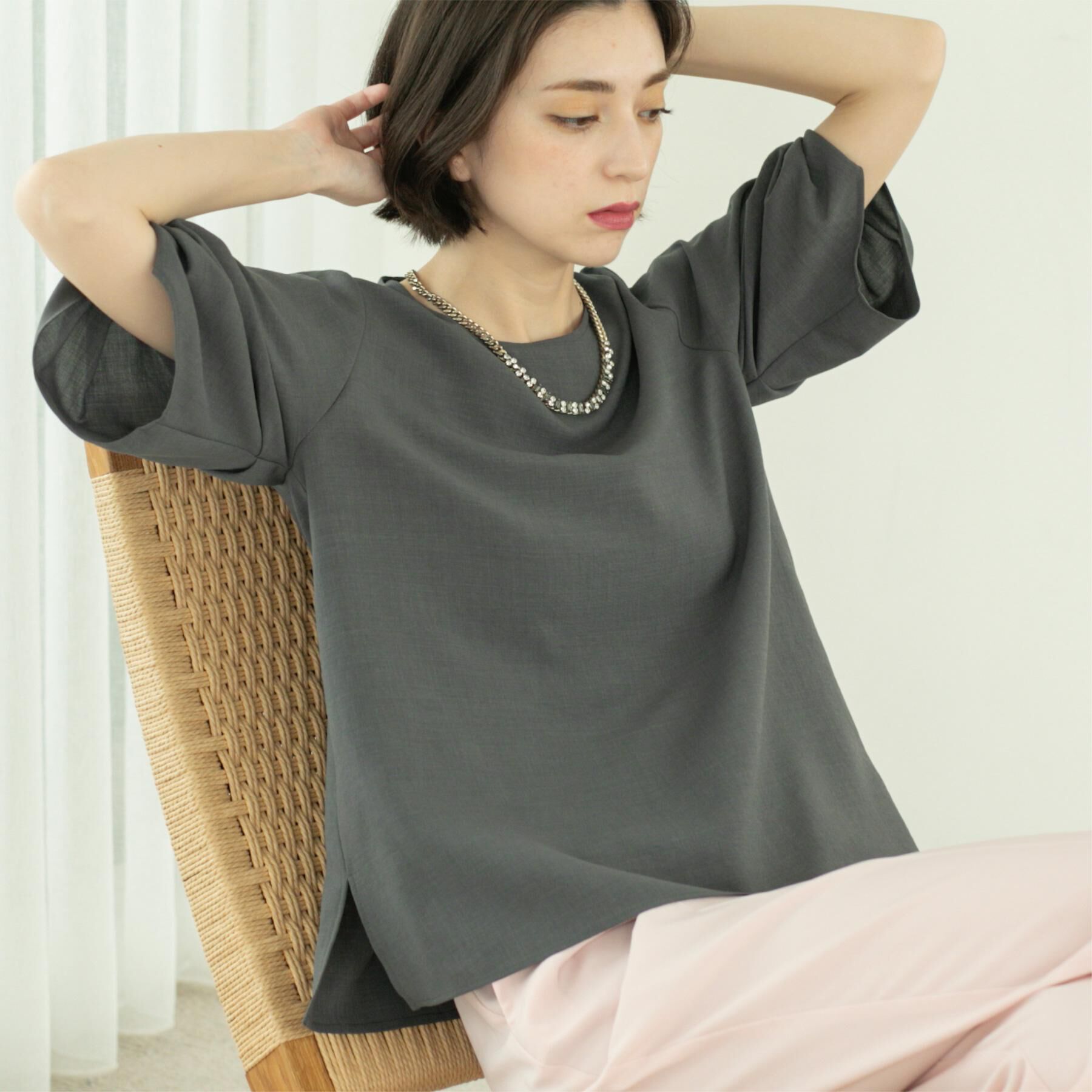 OPAQUE.CLIP「リネンライクタックスリーブブラウス【洗濯機洗い可/吸水速乾/接触冷感】」|シャツ・ブラウス|