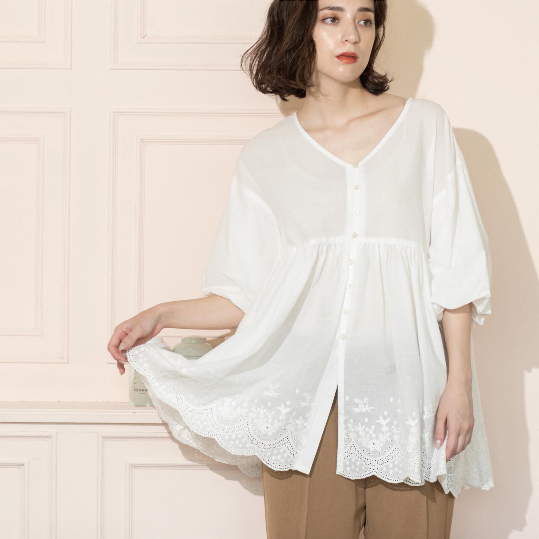 OPAQUE.CLIP「バルーン袖スカラップ刺繍レースチュニック」|シャツ・ブラウス|