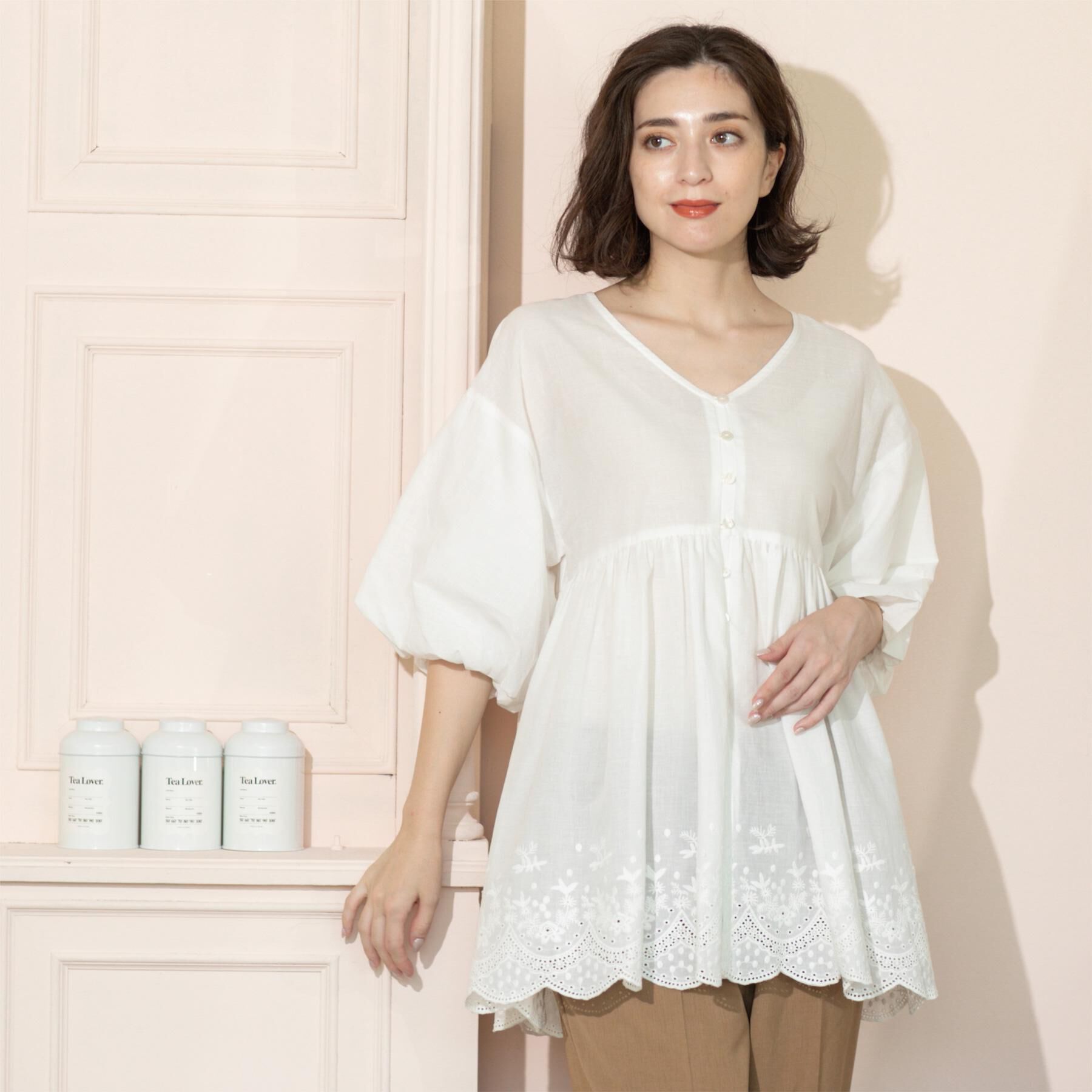 OPAQUE.CLIP「バルーン袖スカラップ刺繍レースチュニック」|シャツ・ブラウス|