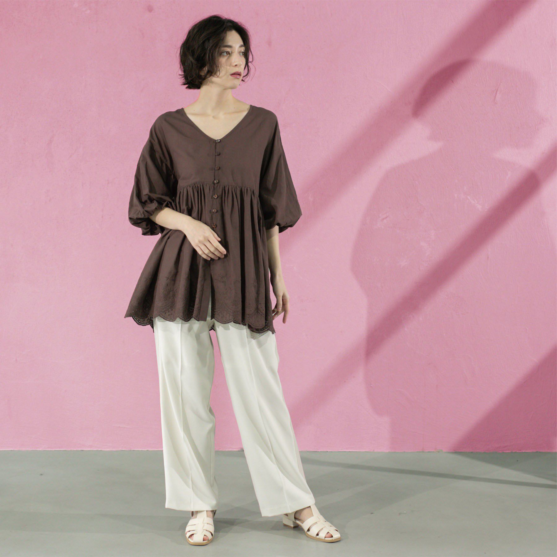 OPAQUE.CLIP「バルーン袖スカラップ刺繍レースチュニック」|シャツ・ブラウス|