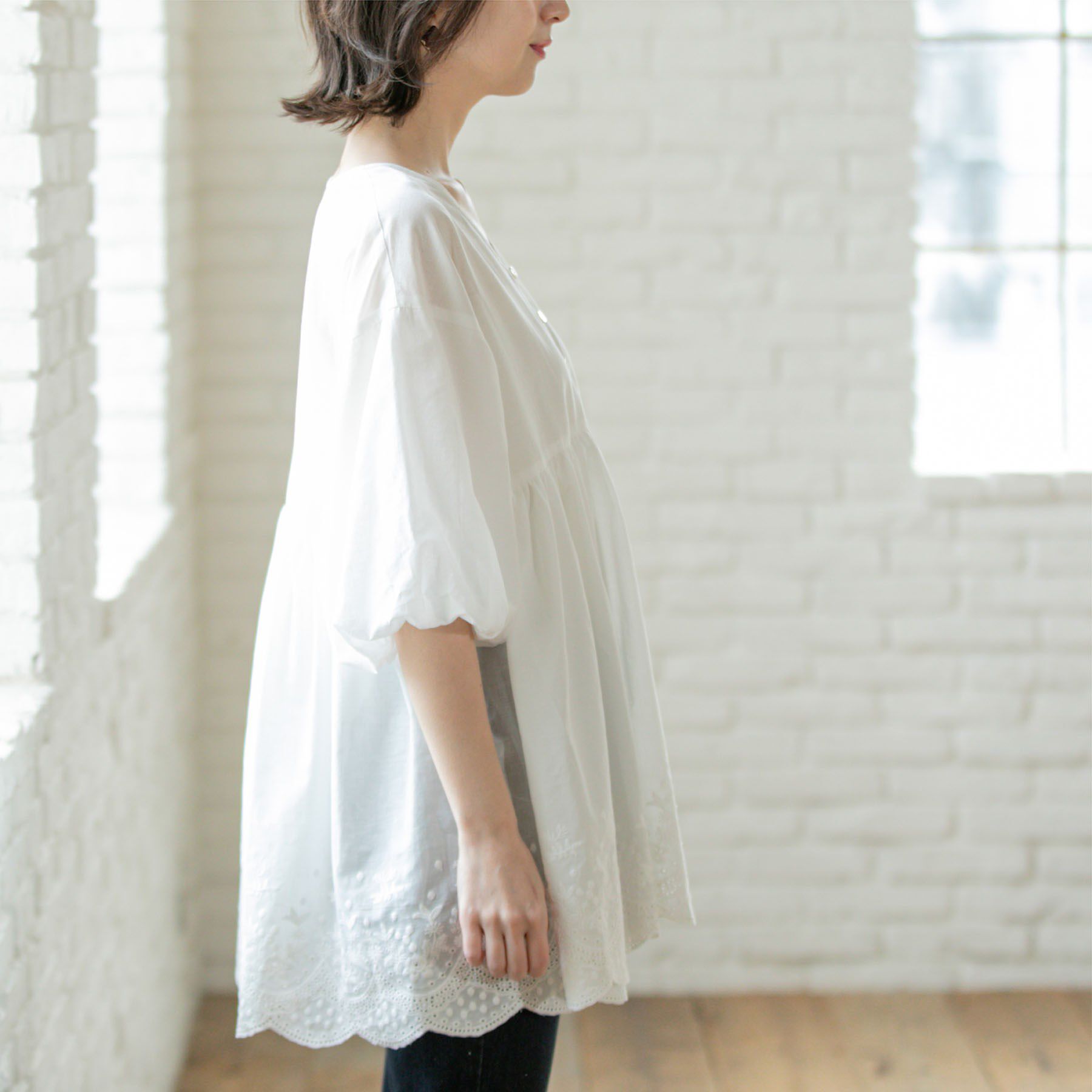 OPAQUE.CLIP「バルーン袖スカラップ刺繍レースチュニック」|シャツ・ブラウス|