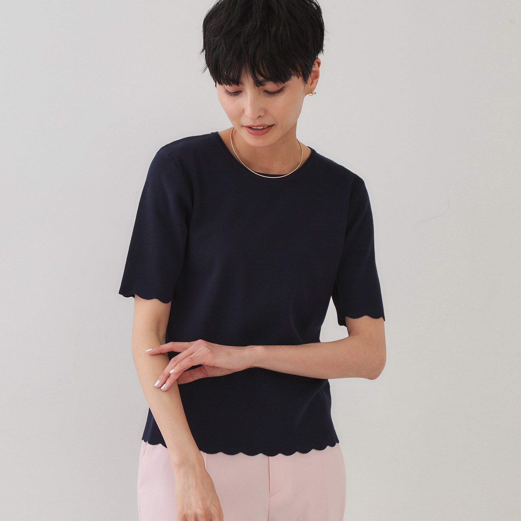 OPAQUE.CLIP「裾スカラップニット【洗濯機洗い可】」|ニット・セーター|ネイビー(094)