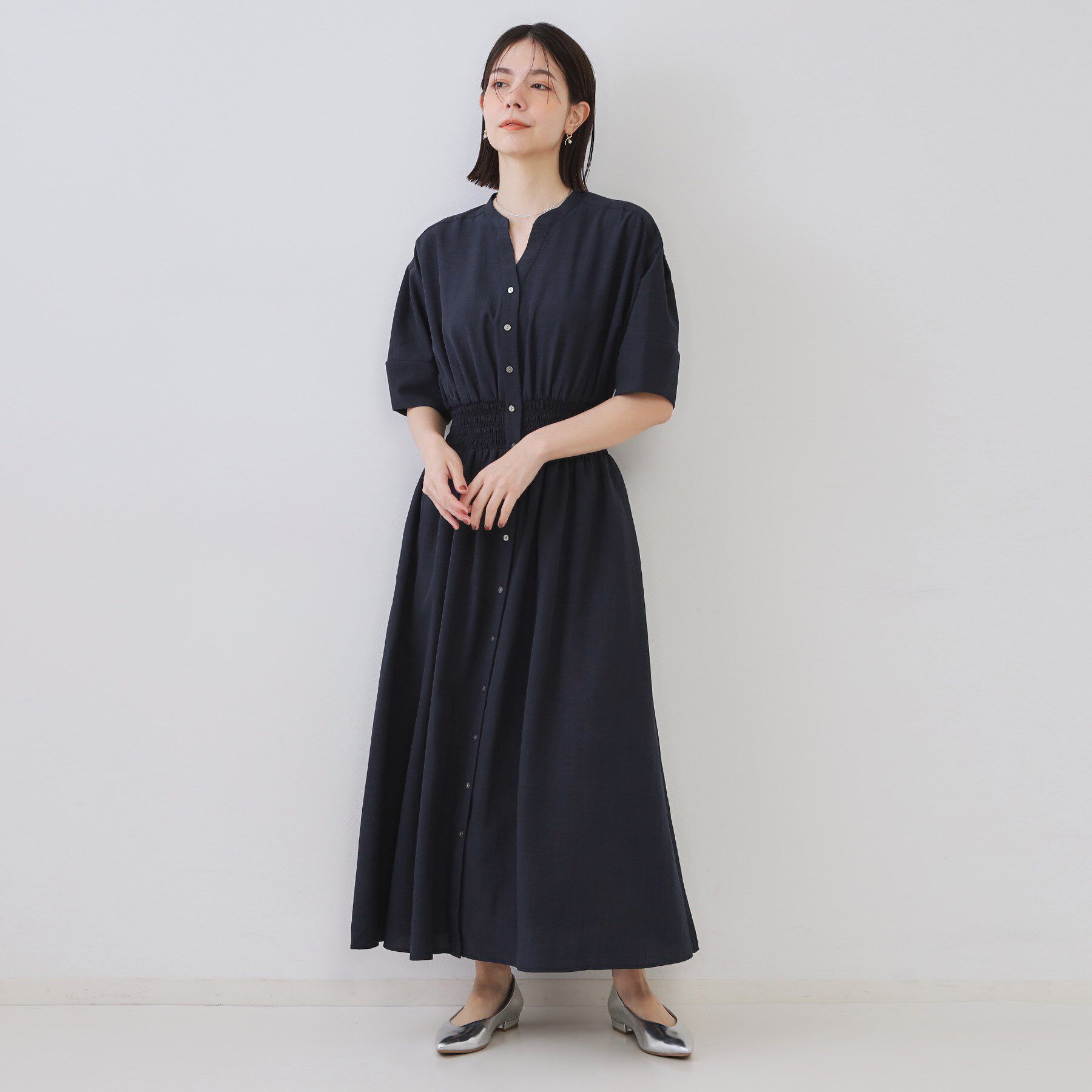 OPAQUE.CLIP「リネンライクスキッパーフィット＆フレアワンピース【洗濯機洗い可】」|ワンピース|ネイビー(094)
