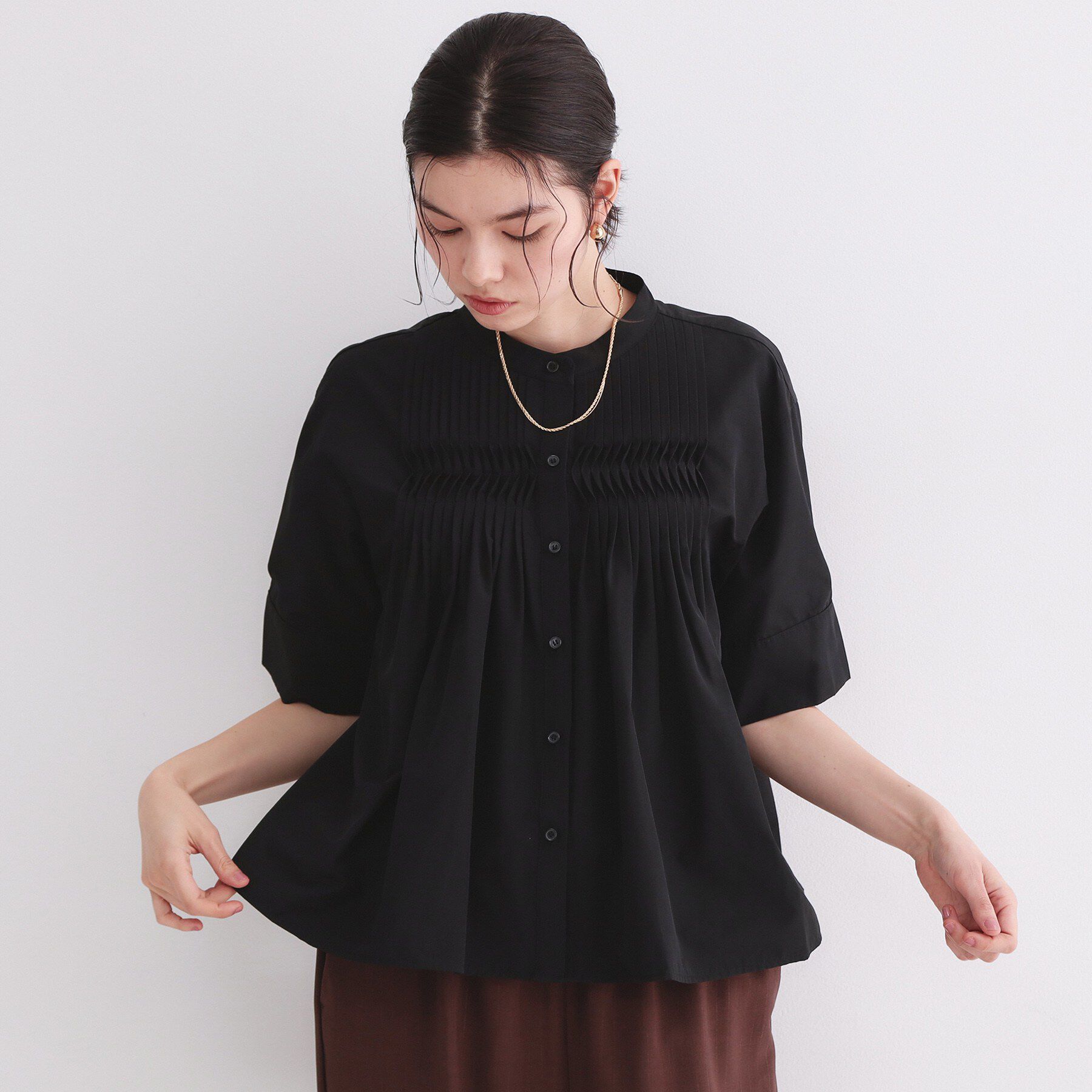 OPAQUE.CLIP「ピンタックフレアシャツ【洗濯機洗い可】」|シャツ・ブラウス|ブラック(019)