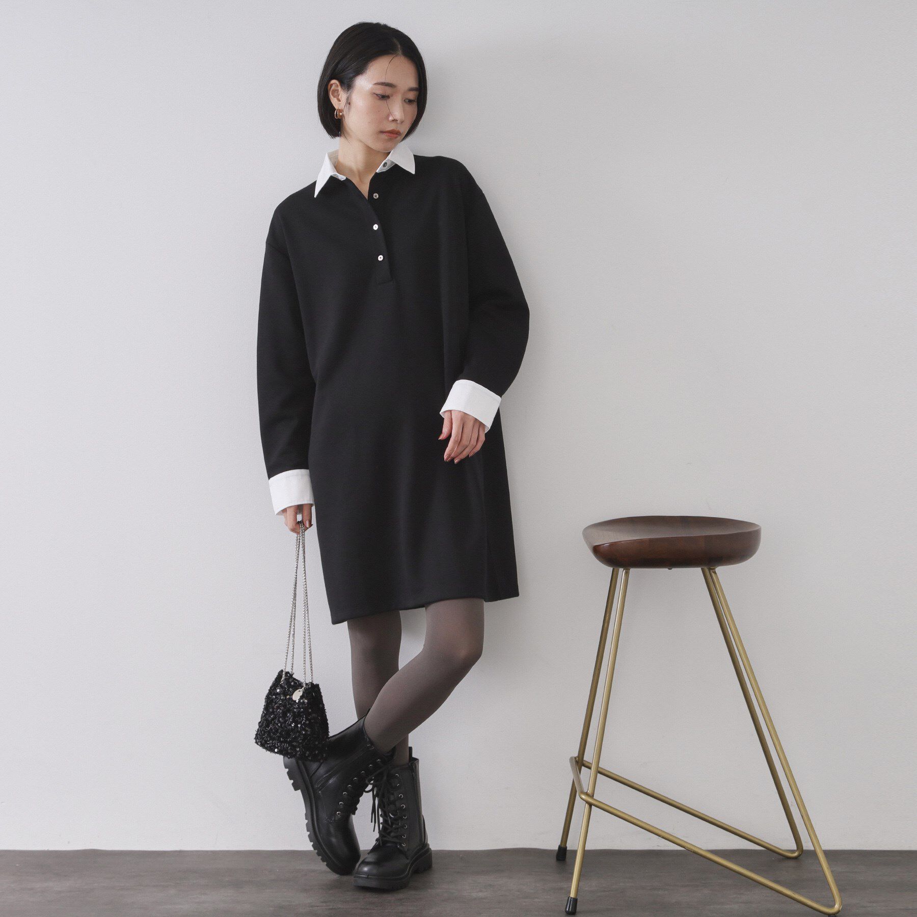 OPAQUE.CLIP「ポロ衿配色ミニワンピース【洗濯機OK】」|ワンピース|ブラック(019)