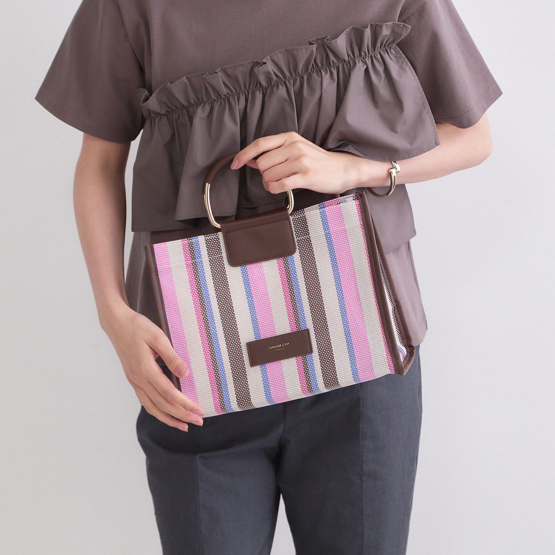 OPAQUE.CLIP「デザインハンドルマルチストライプミドルトート」|トートバッグ|