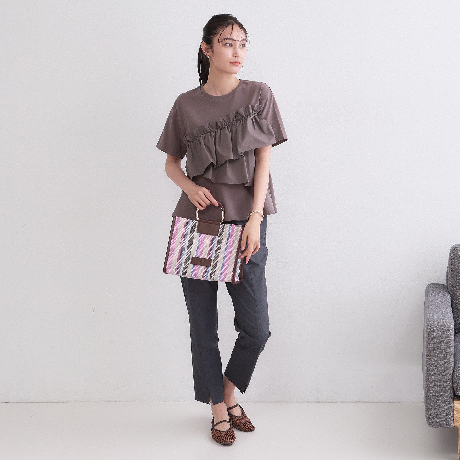 OPAQUE.CLIP「デザインハンドルマルチストライプミドルトート」|トートバッグ|