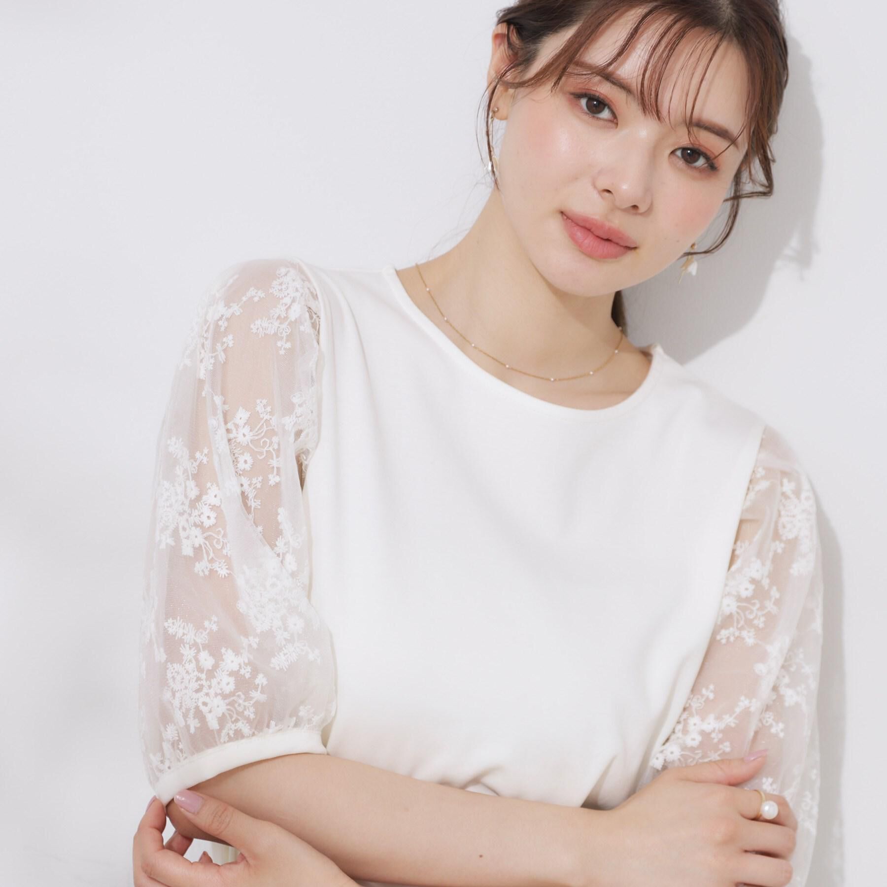 Couture broach「【接触冷感・UV・マシンウォッシャブル】袖レースデザイントップス」|Tシャツ・カットソー|