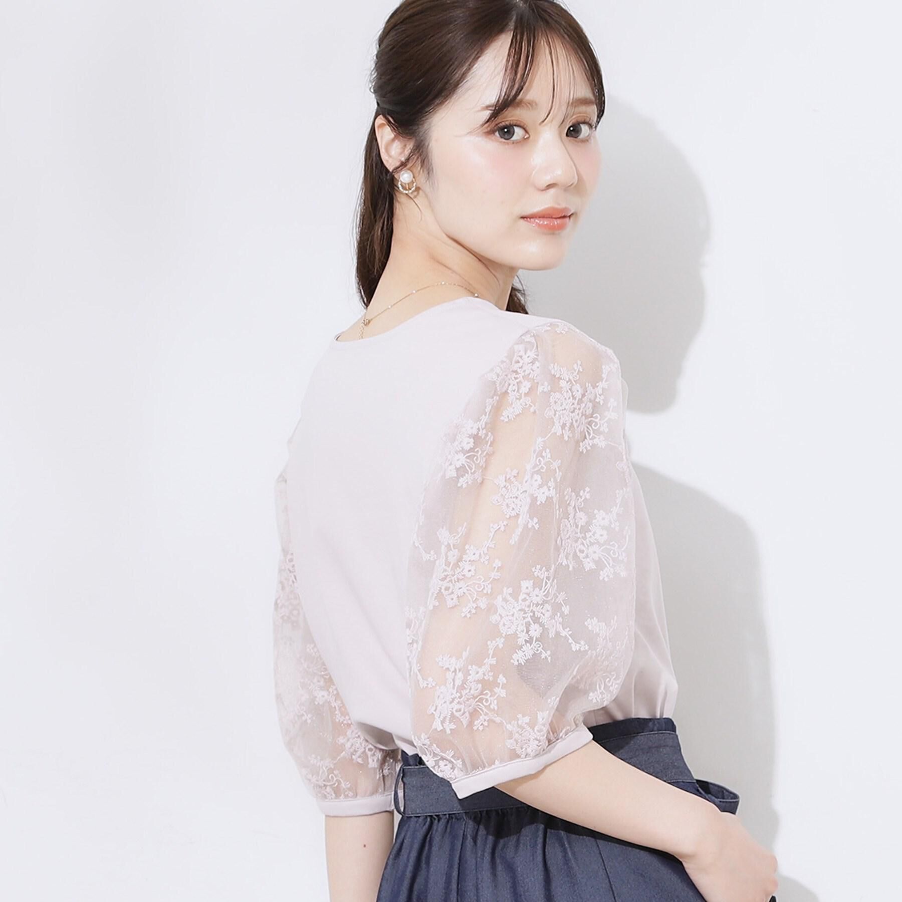 Couture broach「【接触冷感・UV・マシンウォッシャブル】袖レースデザイントップス」|Tシャツ・カットソー|ライトピンク(070