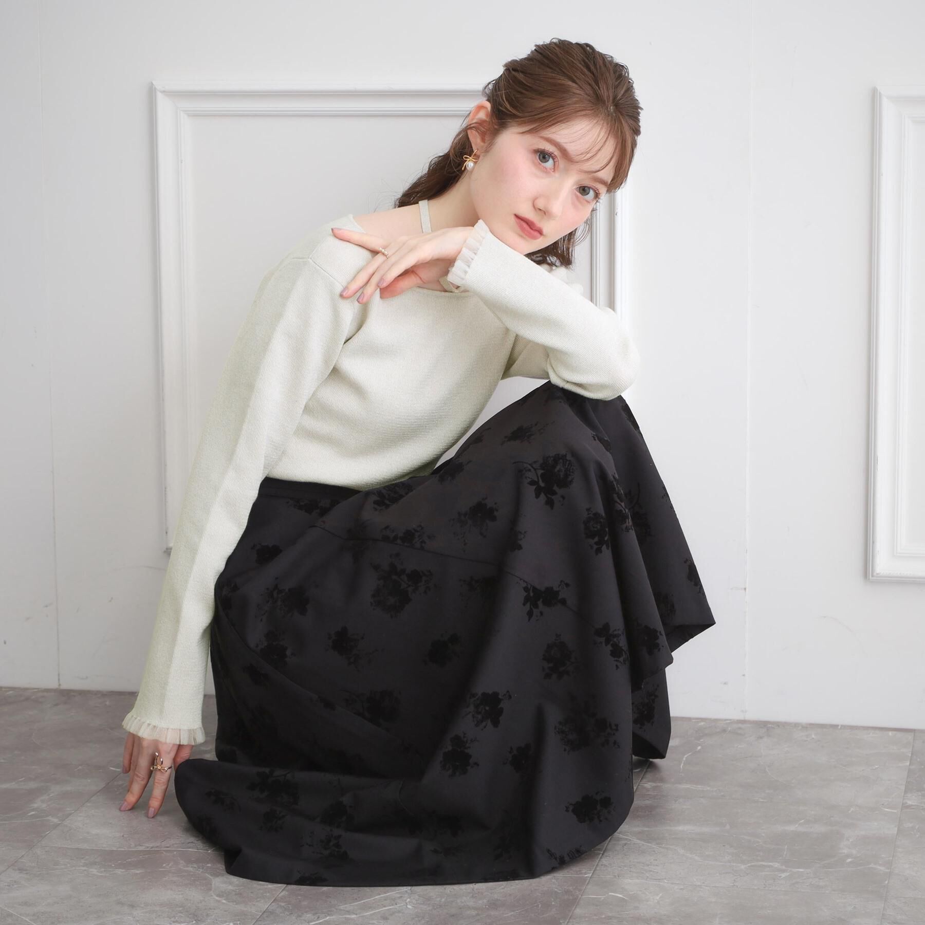 Couture broach「【大人可愛い・リボン取り外し可】前後2WAYラメリブ シアープチフリルニット」|ニット・セーター|