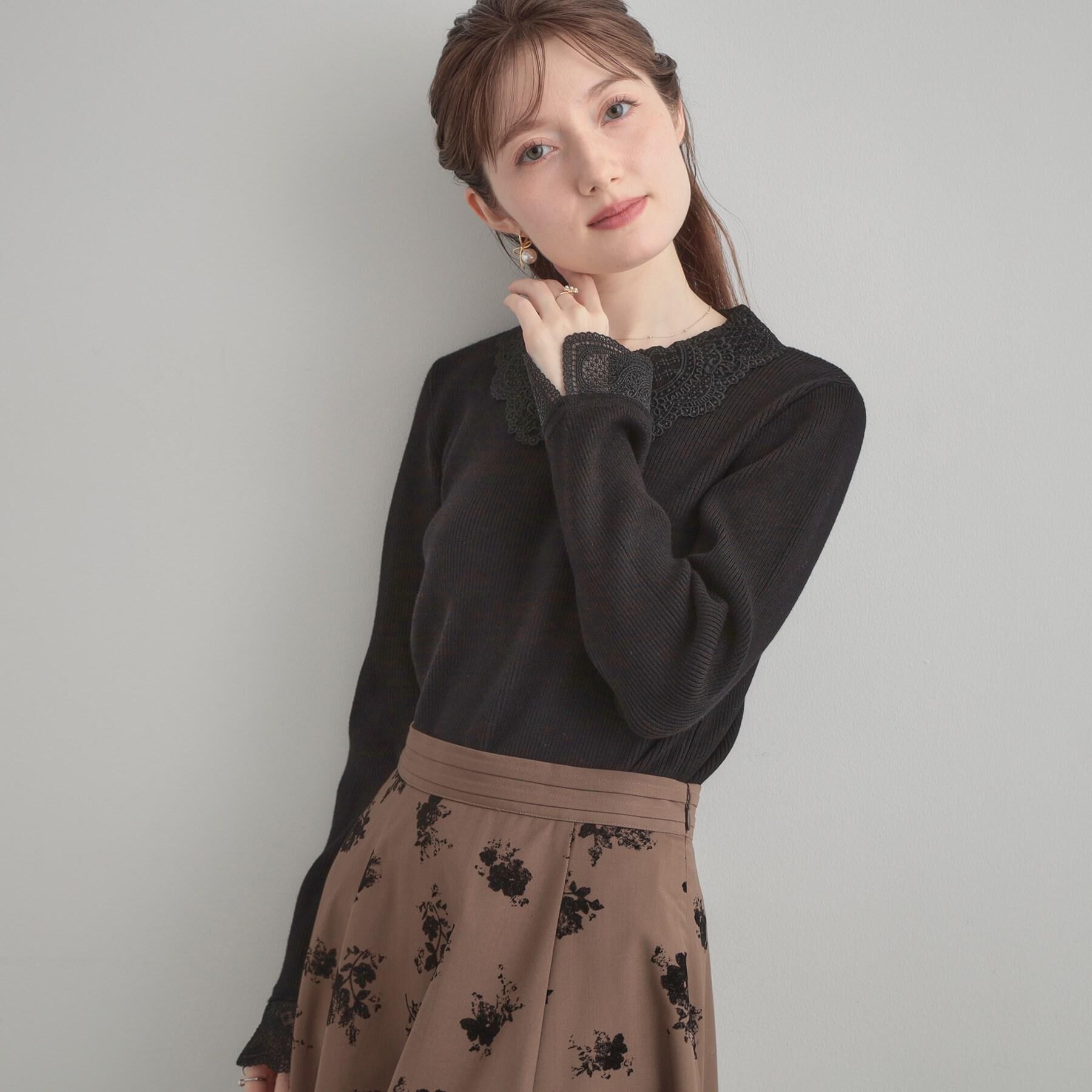 Couture broach「【着映え・フェミニン・通勤】レース衿カフス付きリブニット」|ニット・セーター|