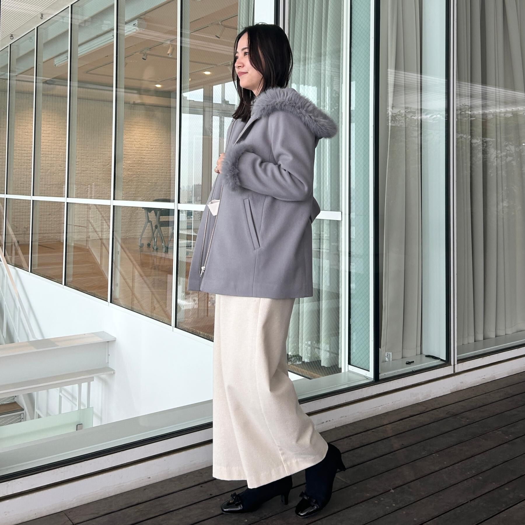 Couture broach「【大人可愛い・フード取り外し可能】フードフェイクファー ハーフ丈コート」|その他|