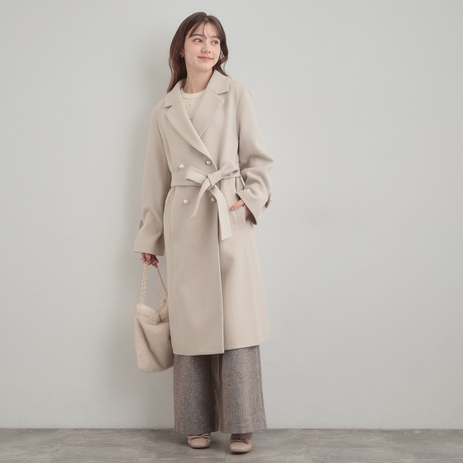 Couture broach「【大人上品・ベルト付き】パール調釦チェスターコート」|チェスターコート|