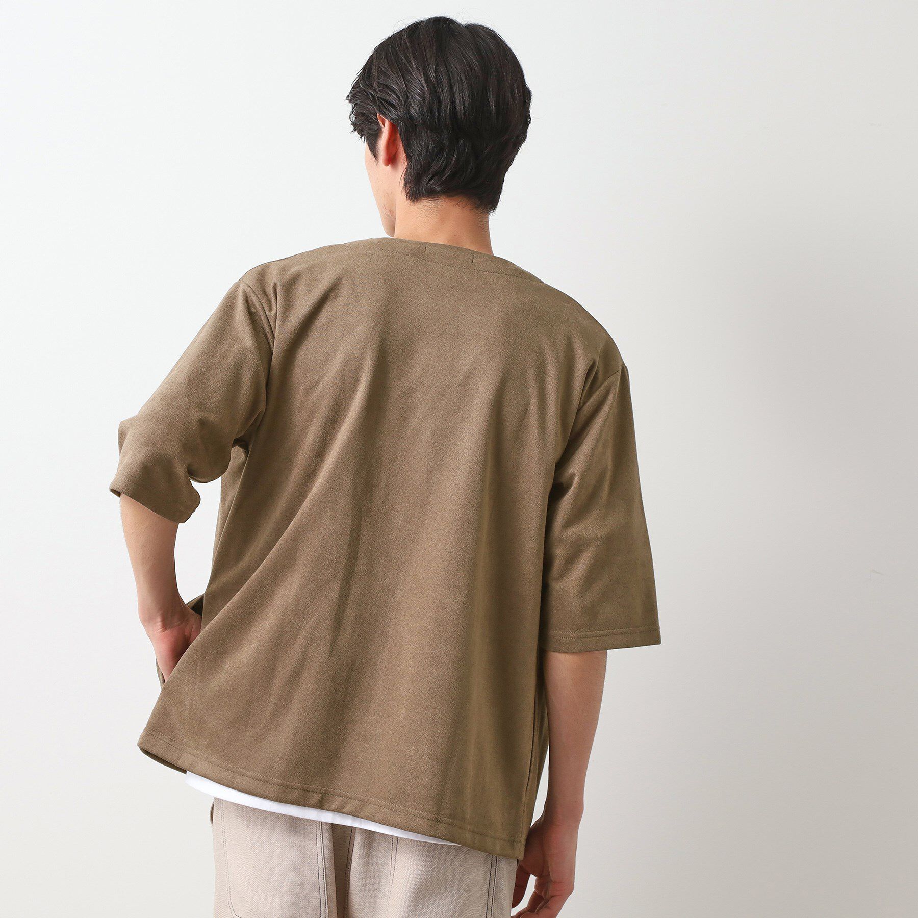 THE SHOP TK「フェイクスウェードアンサンブルカーディガン【五分袖カーディガン＋半袖Tシャツセットアイテム】」|カーディガン|