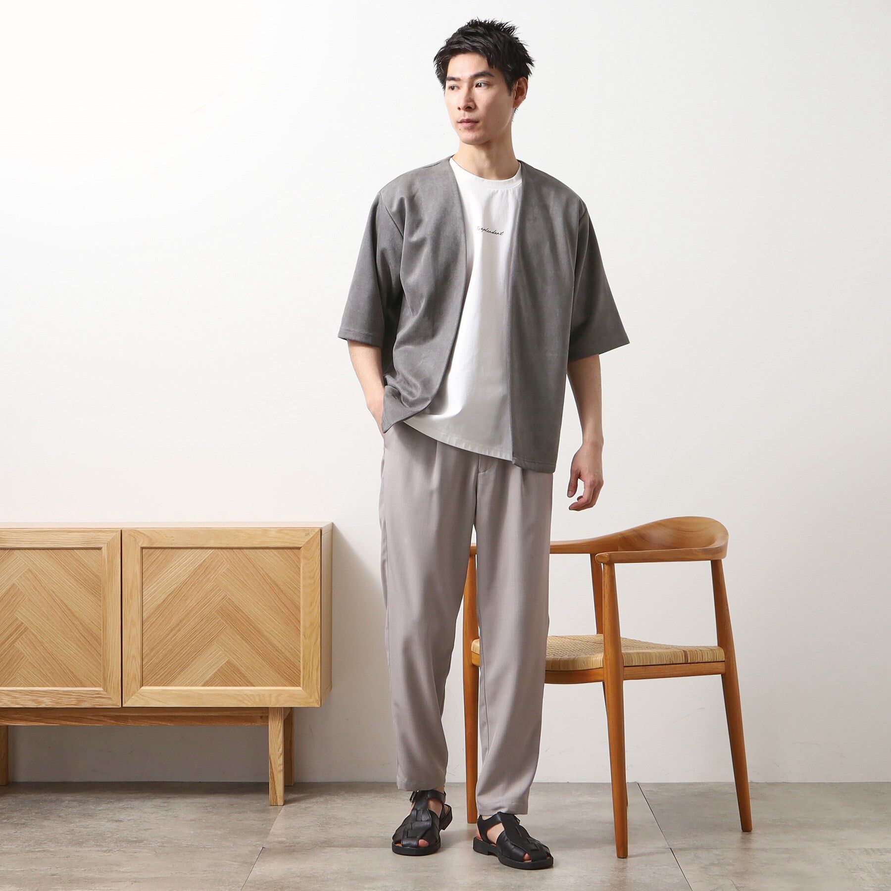 THE SHOP TK「フェイクスウェードアンサンブルカーディガン【五分袖カーディガン＋半袖Tシャツセットアイテム】」|カーディガン|