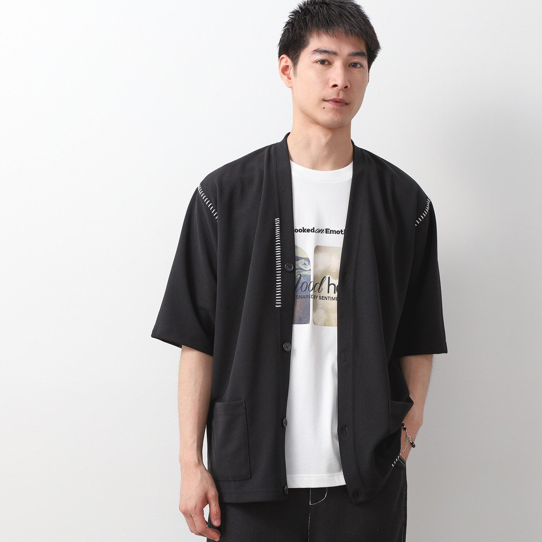 THE SHOP TK「ツイルステッチ半袖カーディガン【洗濯機OK/接触冷感】」|カーディガン|ブラック(019)