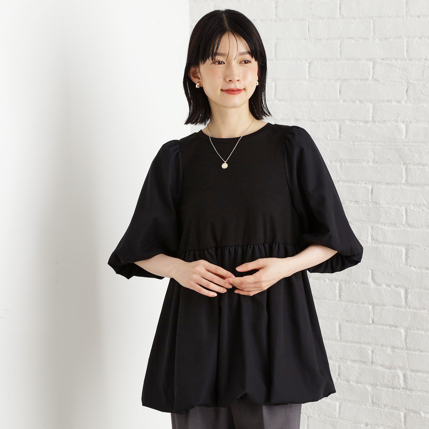 THE SHOP TK「バルーンスリーブペプラムチュニック【洗える】」|Tシャツ・カットソー|ブラック(019)