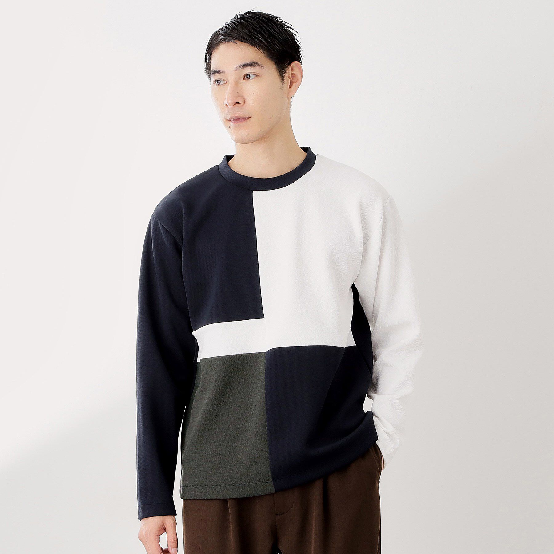 THE SHOP TK「【一枚で着映える】パターンブロッキング長袖Tシャツ 洗濯機OK」|Tシャツ・カットソー|ブルー(093)