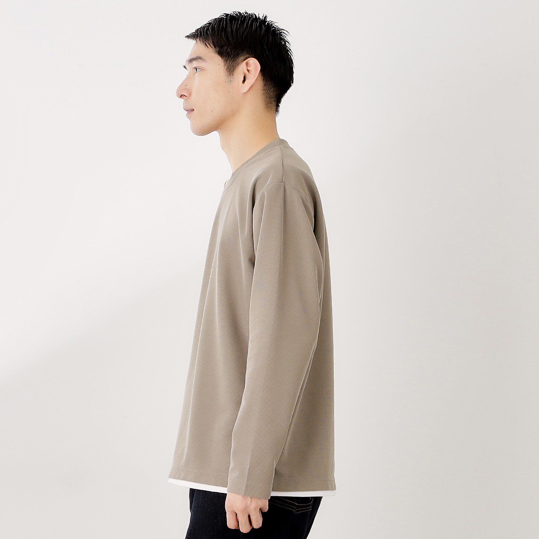 THE SHOP TK「【一枚でコーディネートが完成！】レイヤード風クルーネック長袖Tシャツ　洗濯機OK」|Tシャツ・カットソー|
