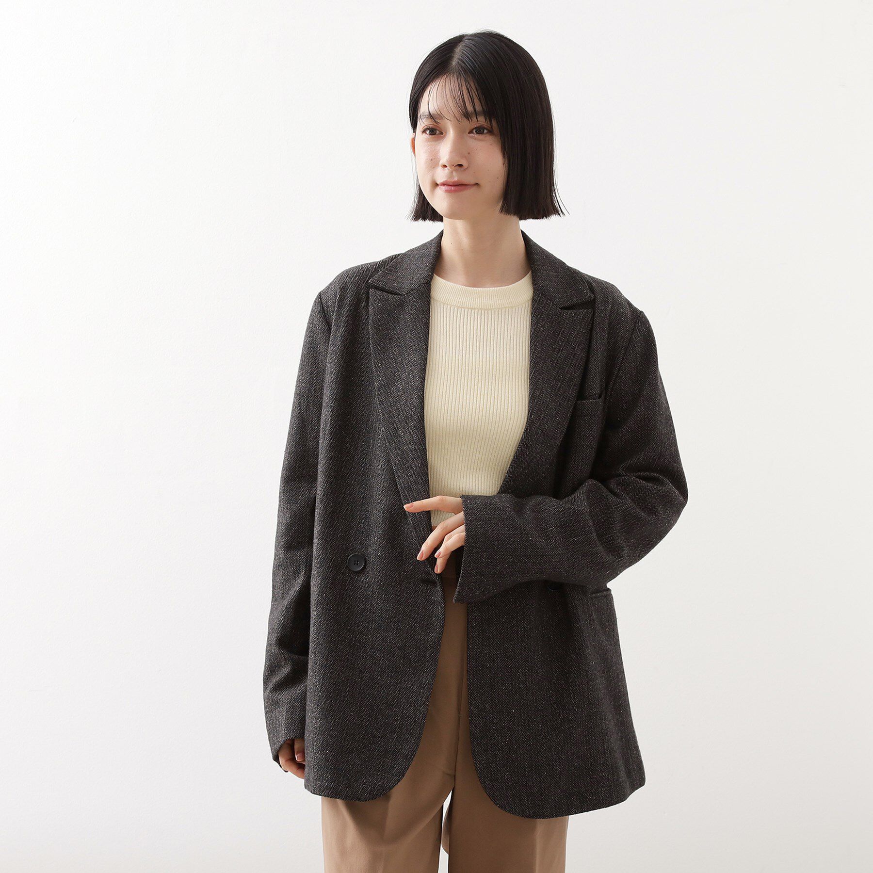 THE SHOP TK「【洗えるアウター】ヘリンボーン＆チェック柄ジャケット」|テーラードジャケット|ブラウン(443)