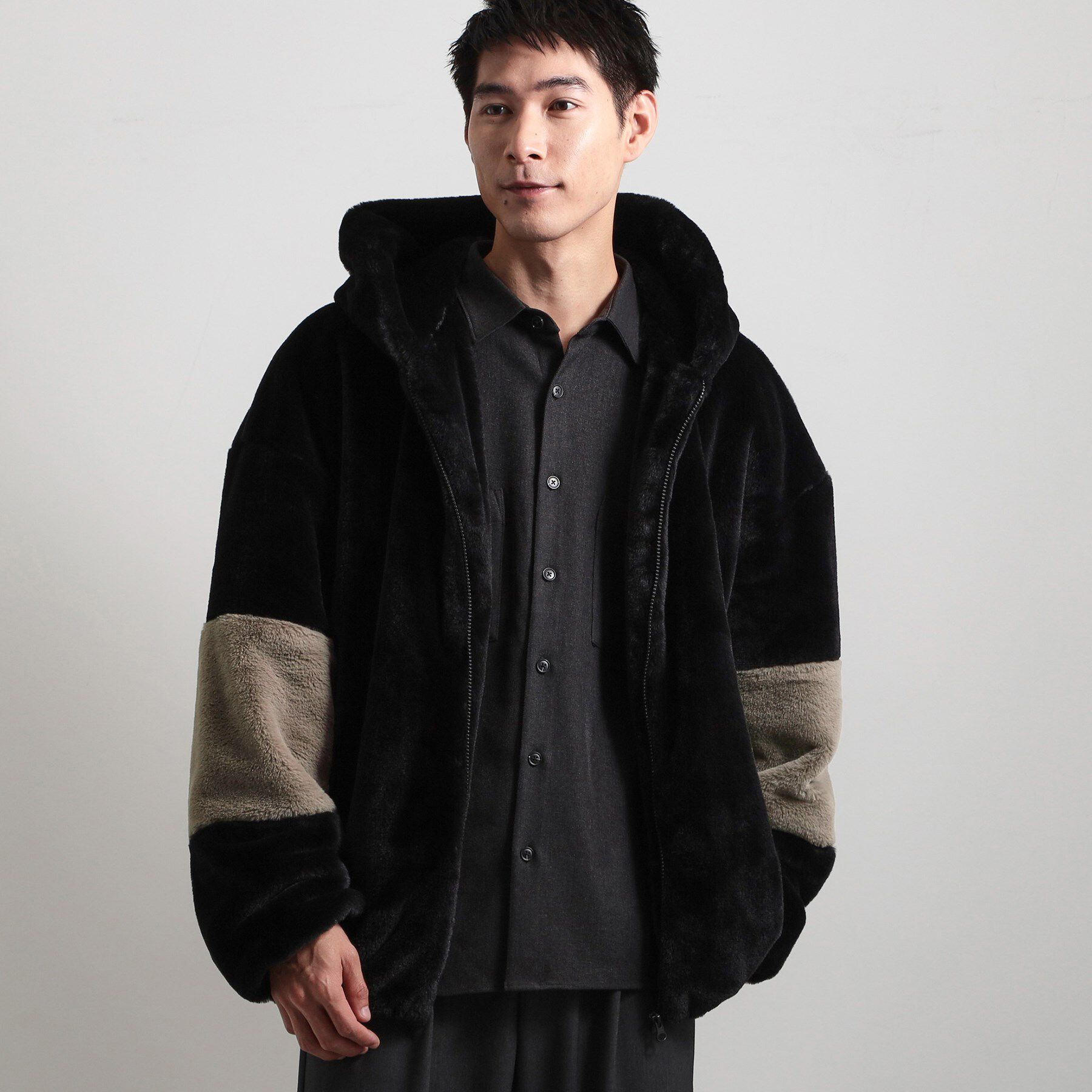 THE SHOP TK「フードフェイクファーブルゾン」|ブルゾン・スタジャン|ブラック(019)