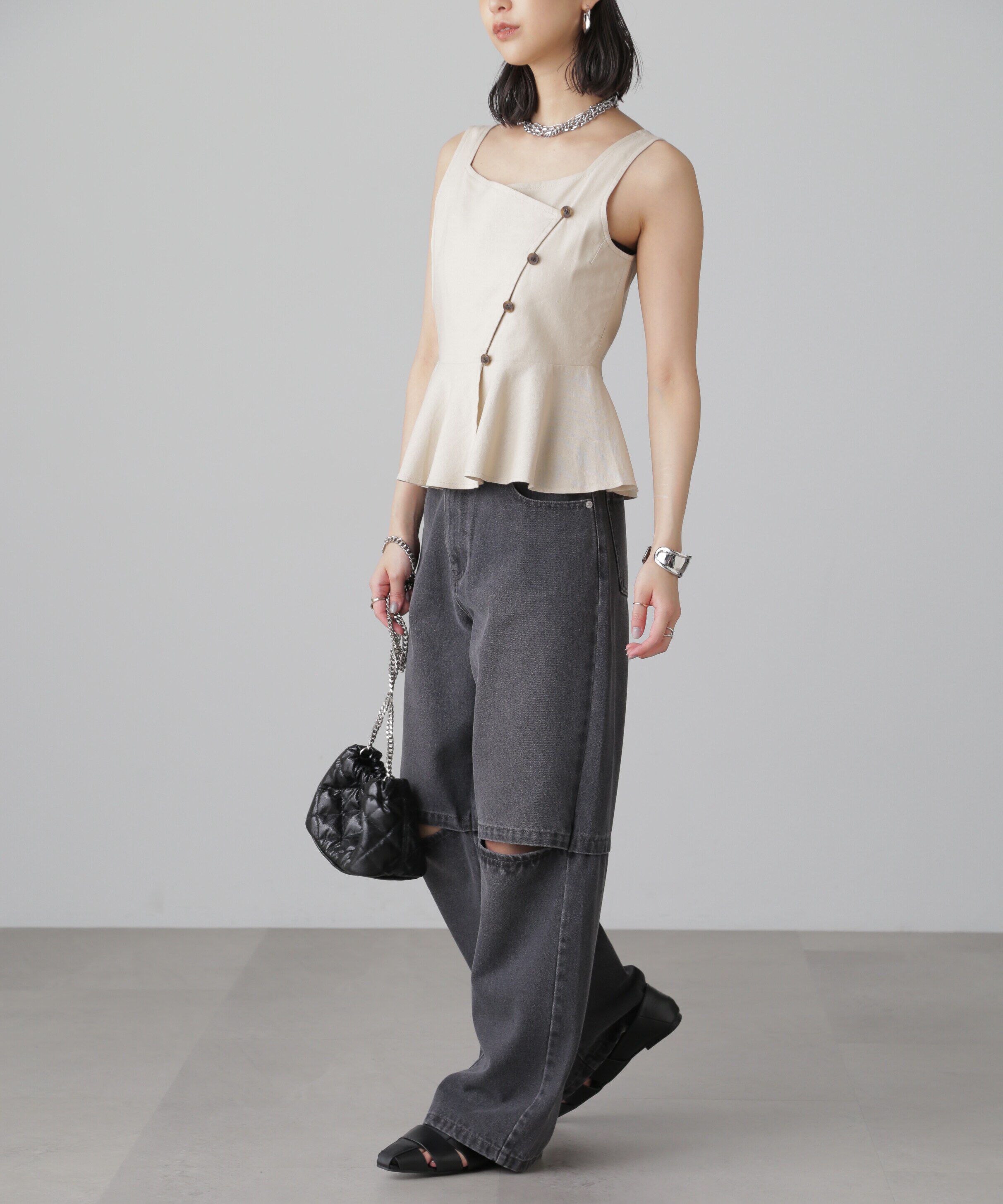  「リネンアシメボタンペプラムブラウス」|シャツ・ブラウス|