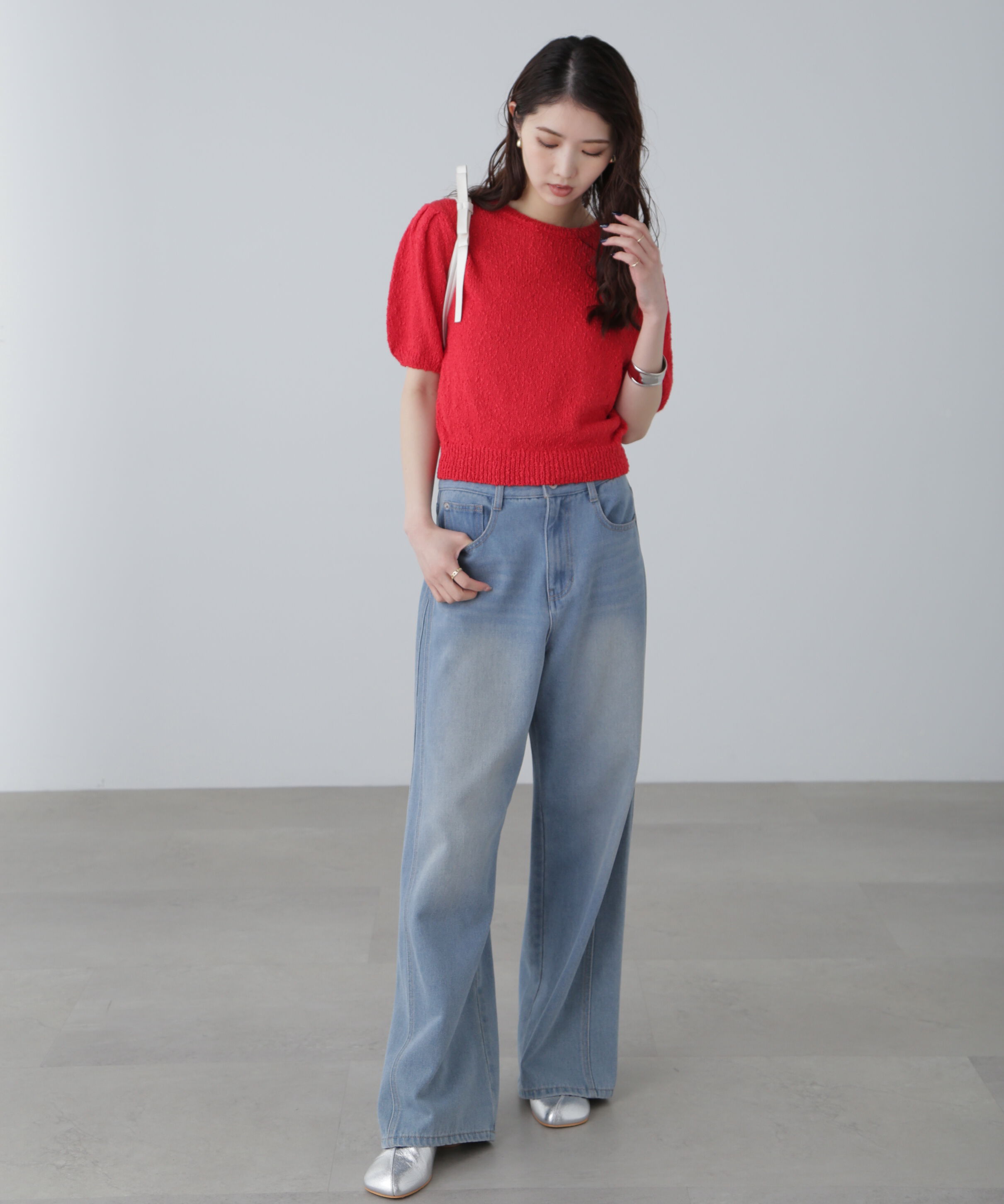  「スラブ編み半袖ニット」|ニット・セーター|