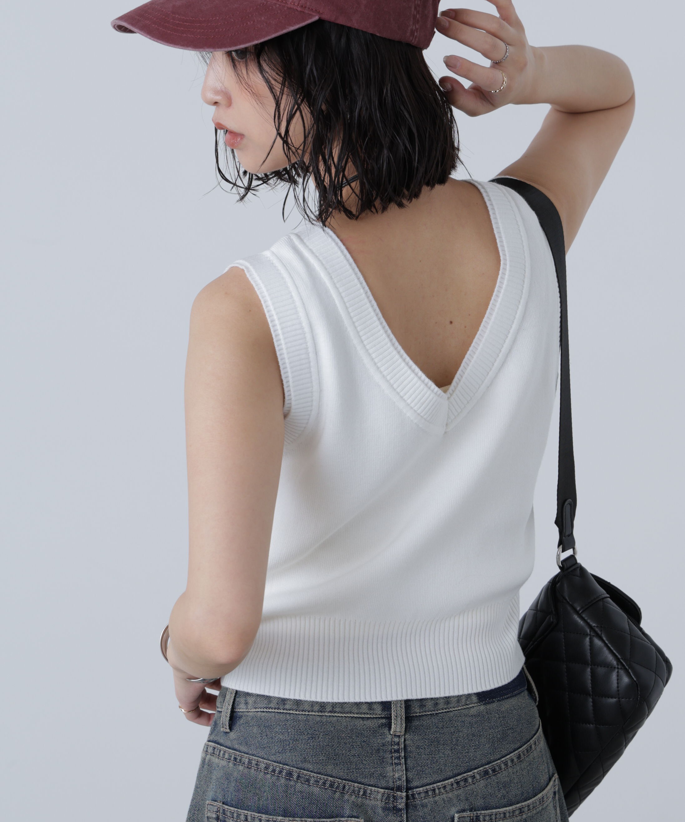  「レイヤードネック前後2WAYニットベスト」|ニット・セーター|