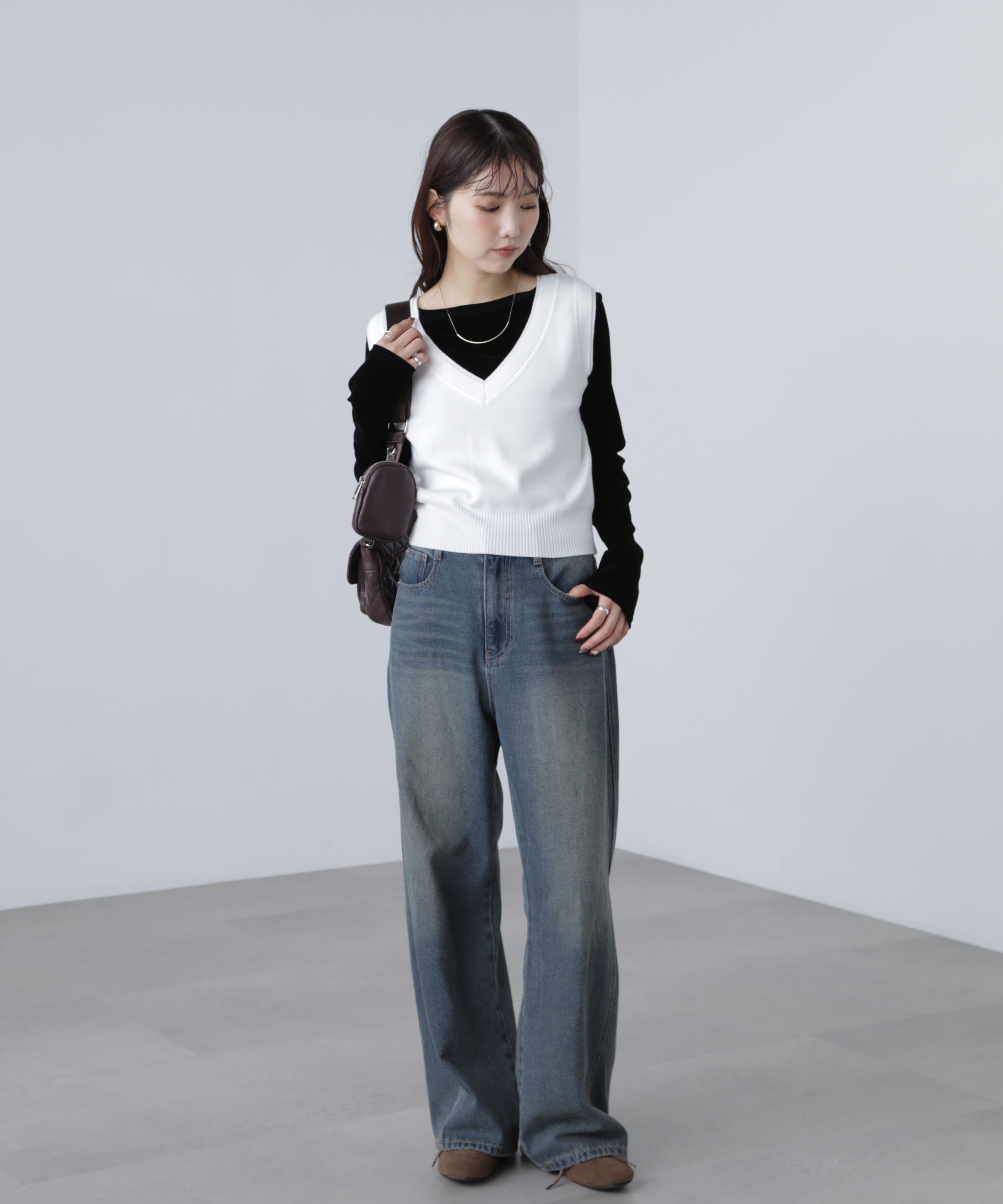  「レイヤードネック前後2WAYニットベスト」|ニット・セーター|