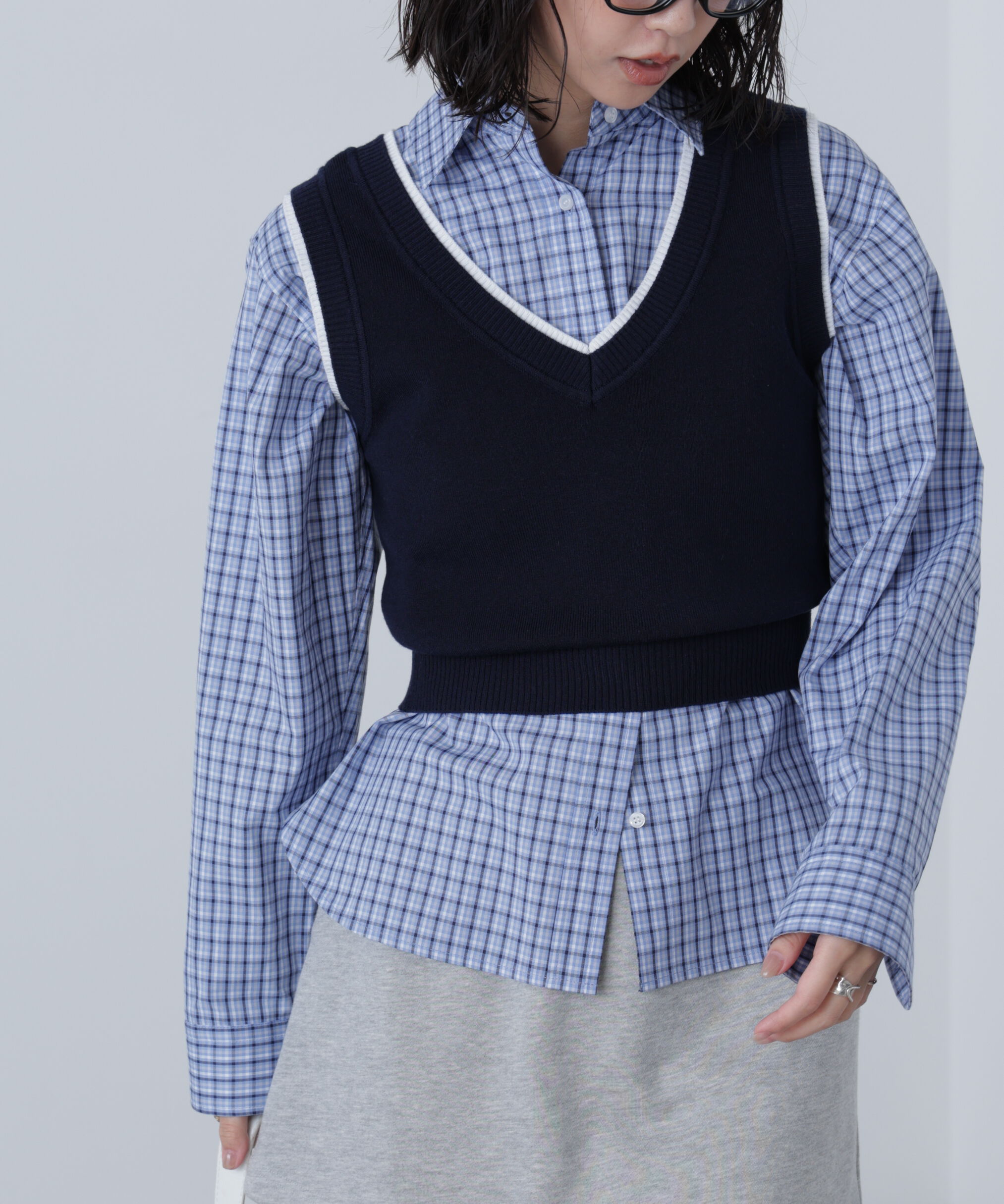  「レイヤードネック前後2WAYニットベスト」|ニット・セーター|