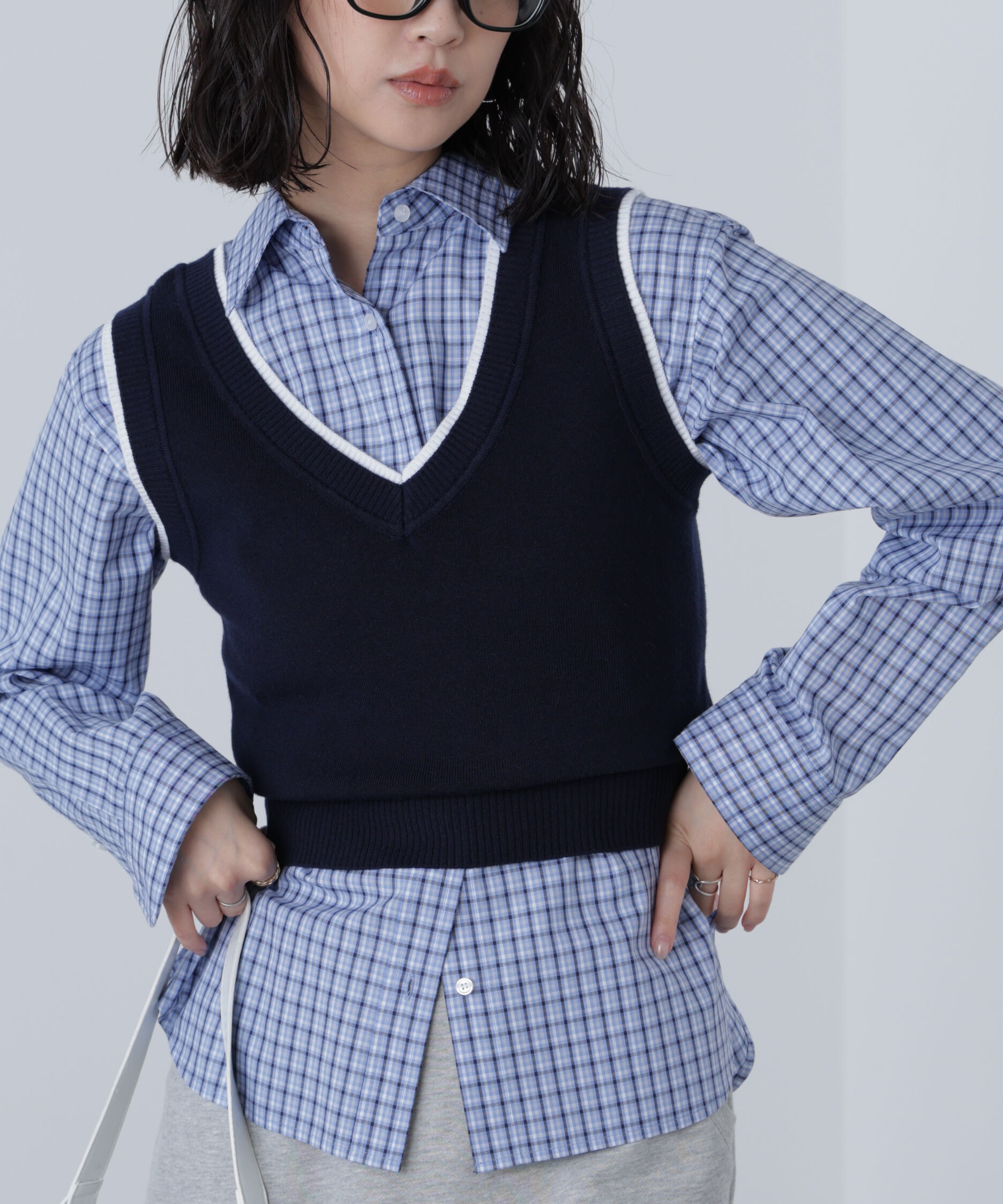  「レイヤードネック前後2WAYニットベスト」|ニット・セーター|