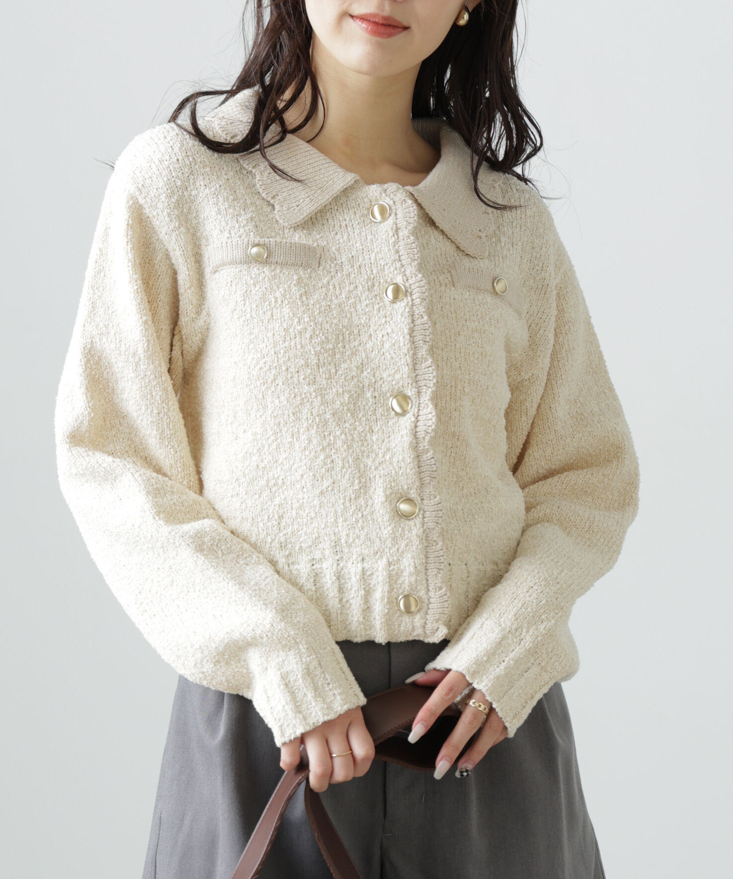  「ミニブークレツイードライクニットカーディガン」|ニット・セーター|