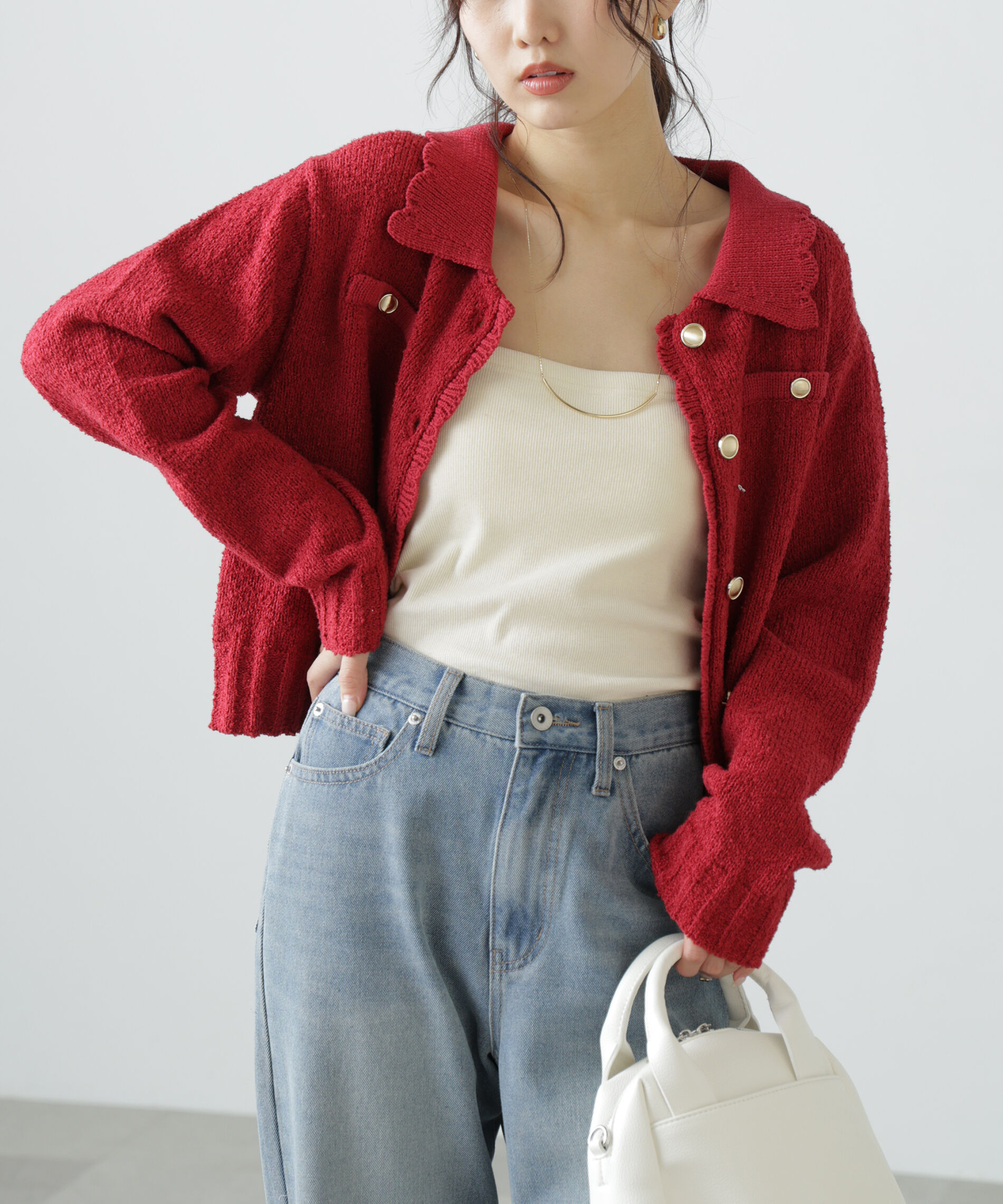  「ミニブークレツイードライクニットカーディガン」|ニット・セーター|