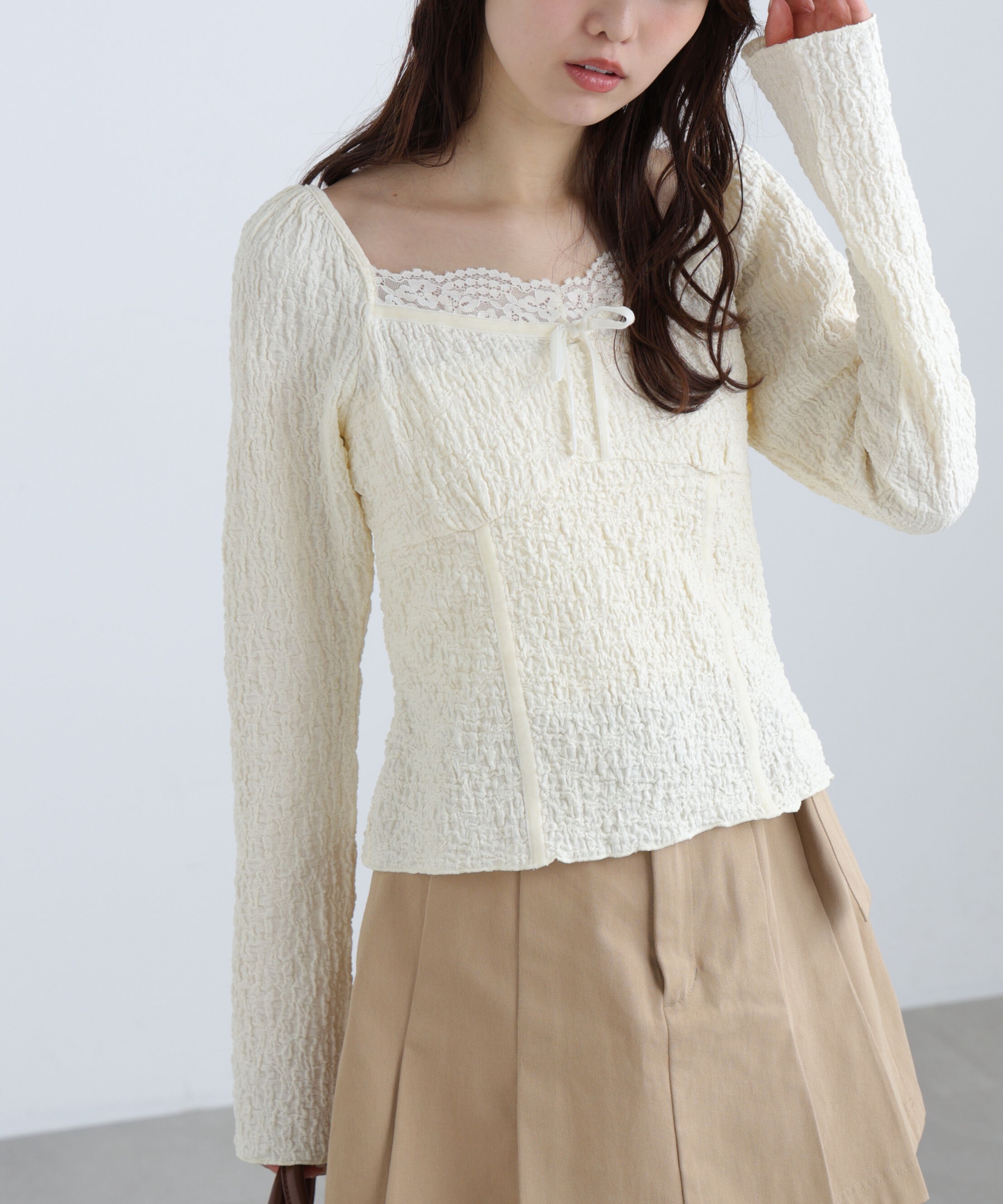  「レーストリムジャガード長袖カットソー」|Tシャツ・カットソー|