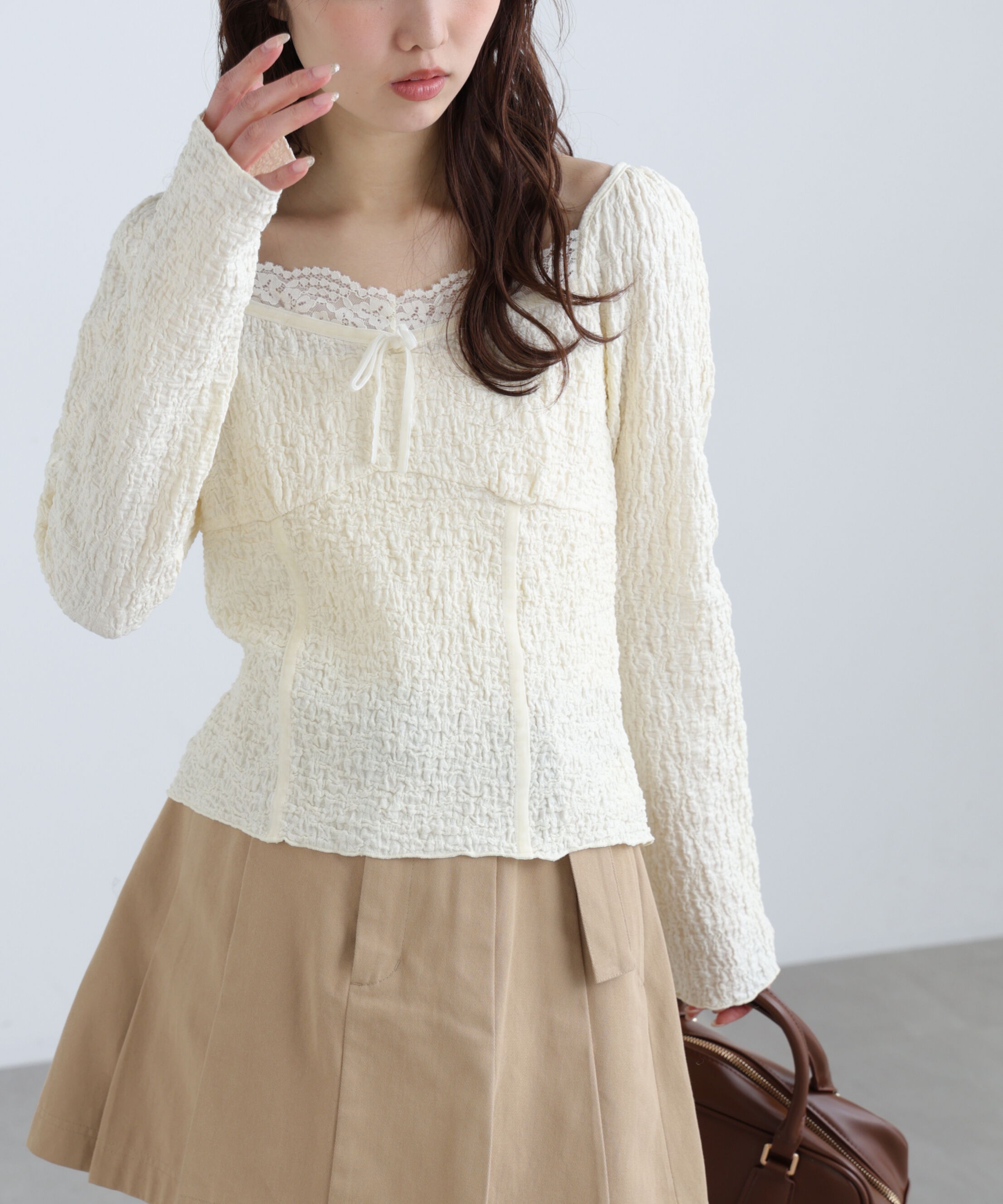  「レーストリムジャガード長袖カットソー」|Tシャツ・カットソー|