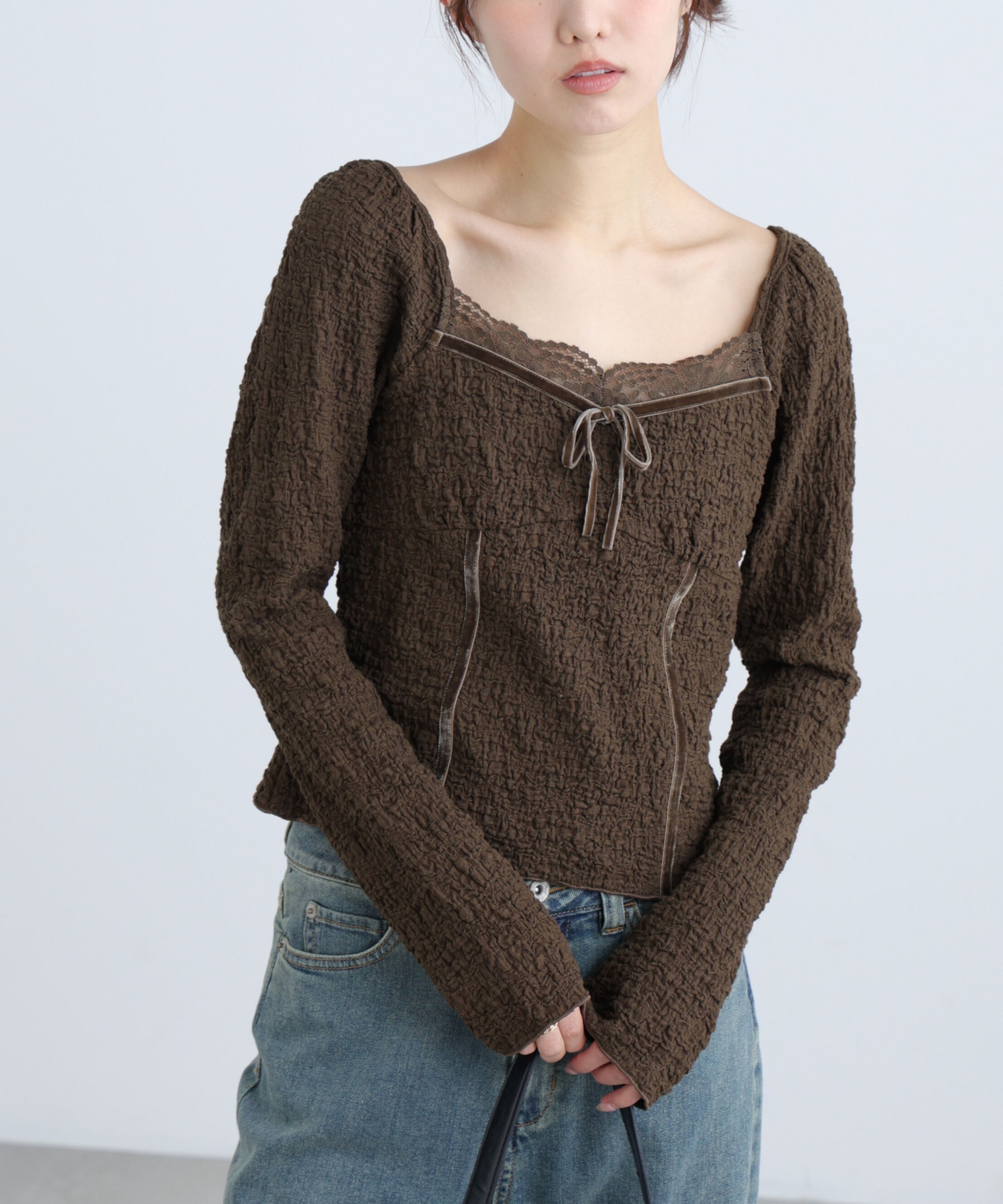  「レーストリムジャガード長袖カットソー」|Tシャツ・カットソー|