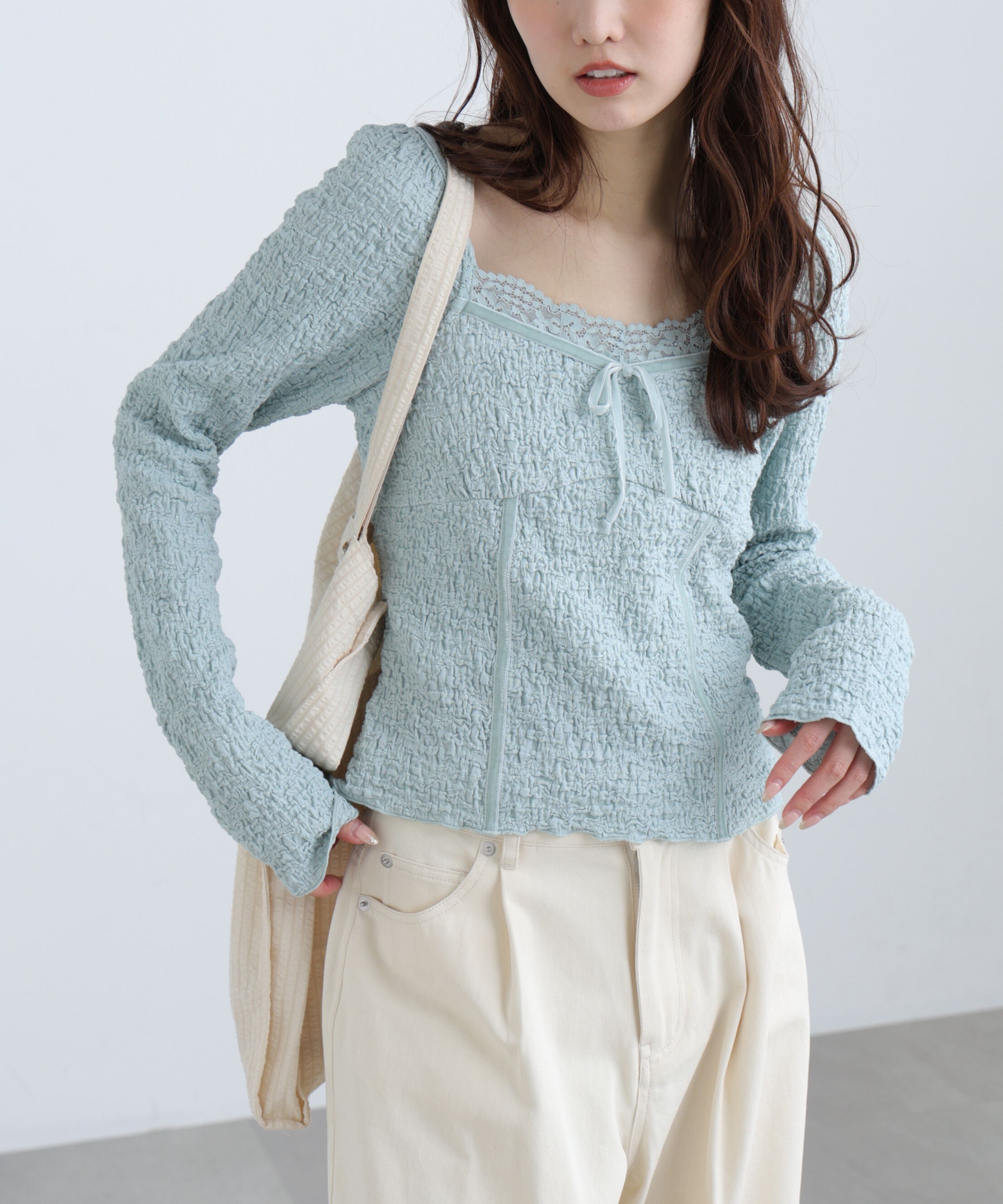  「レーストリムジャガード長袖カットソー」|Tシャツ・カットソー|ライトブルー