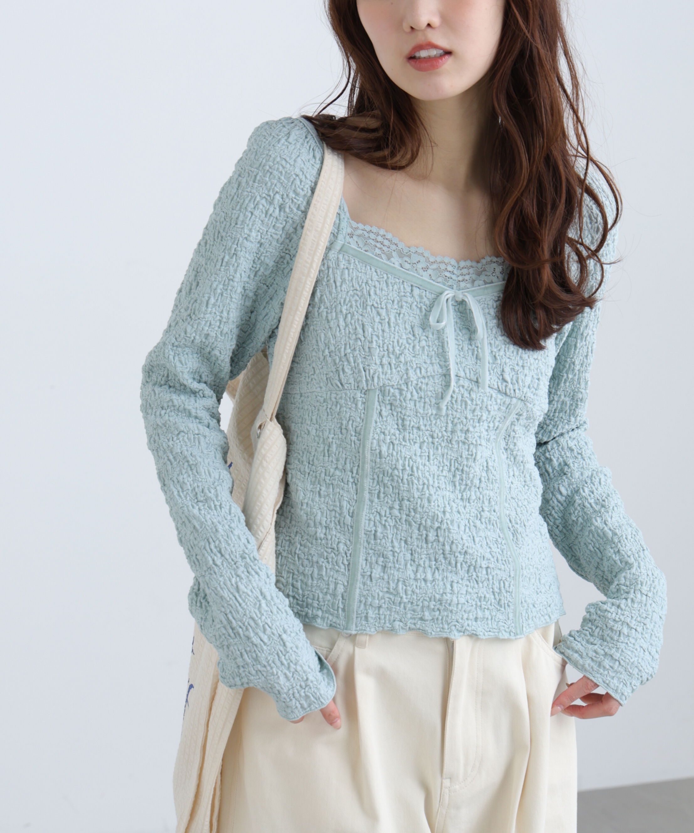  「レーストリムジャガード長袖カットソー」|Tシャツ・カットソー|