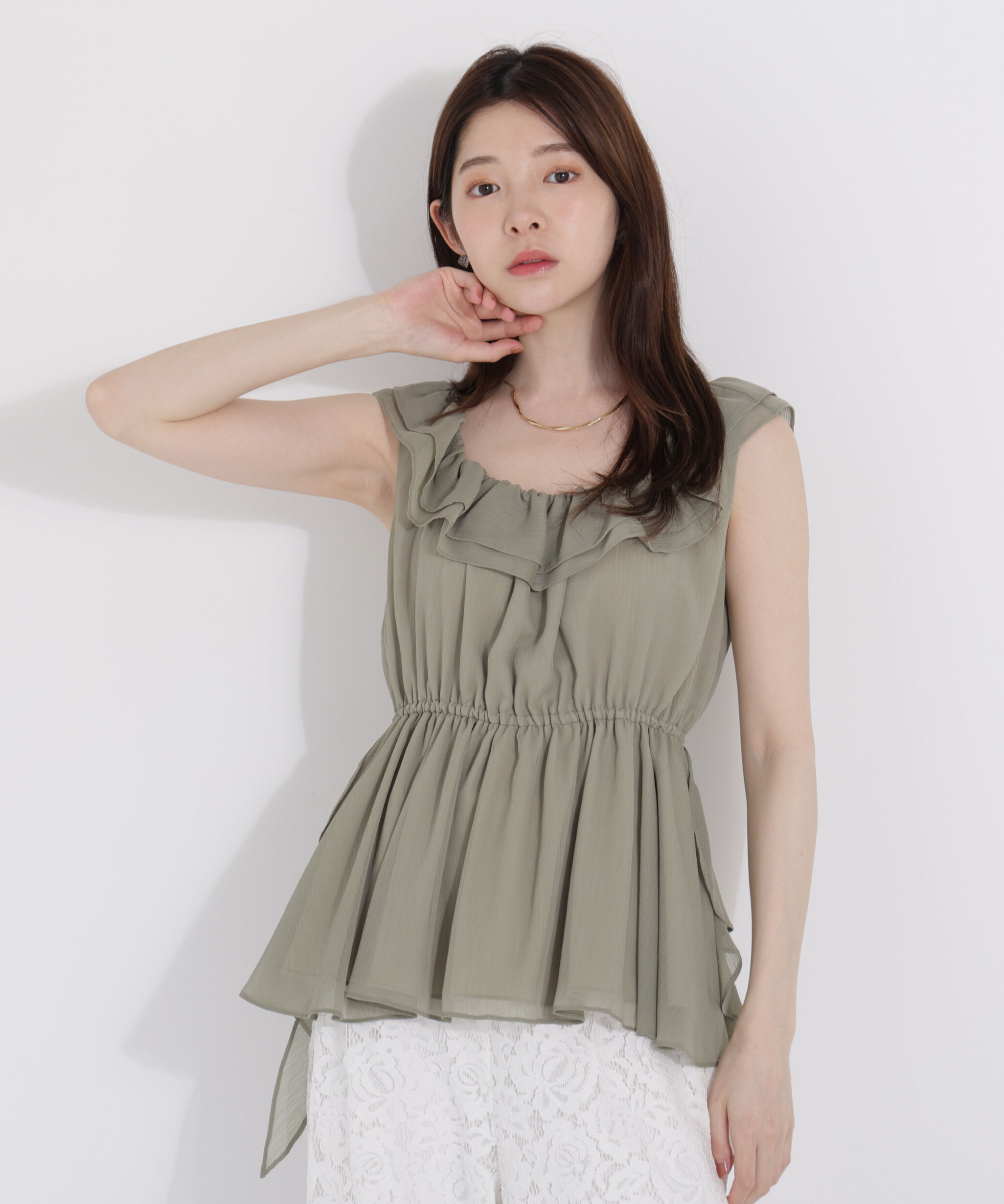 PROPORTION BODY DRESSING「＜ウォッシャブル＞フリルギャザーブラウス」|シャツ・ブラウス|カーキ