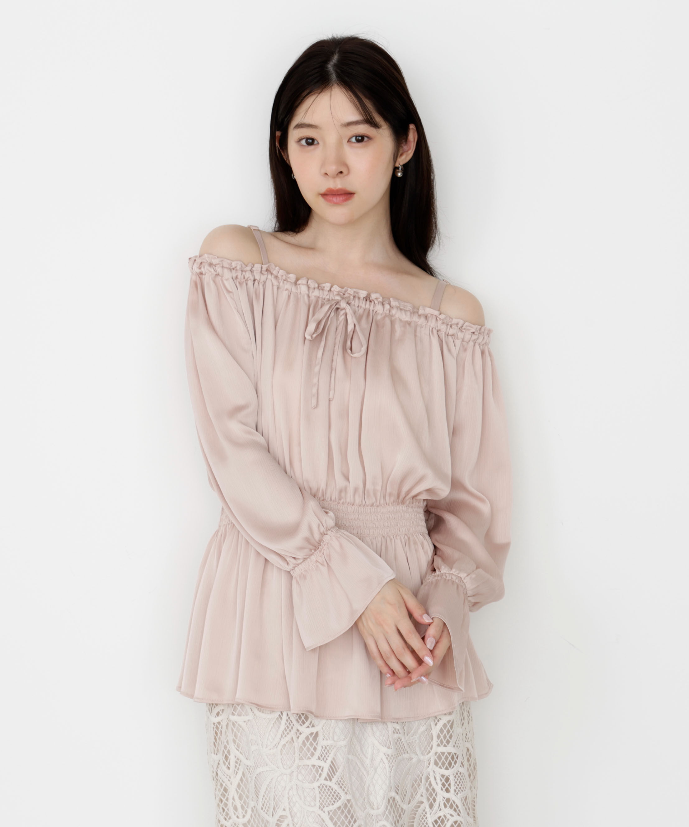PROPORTION BODY DRESSING「《EDIT COLOGNE》＜ウォッシャブル＞リボン付きオフショルブラウス 25AW」|シャツ・ブラウス|ピンク