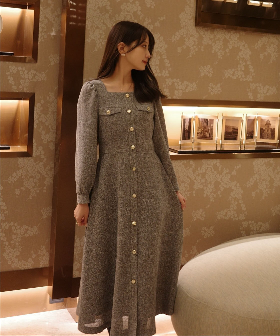 PROPORTION BODY DRESSING「フロント釦ツイードワンピース 25AW」|ワンピース|グレー