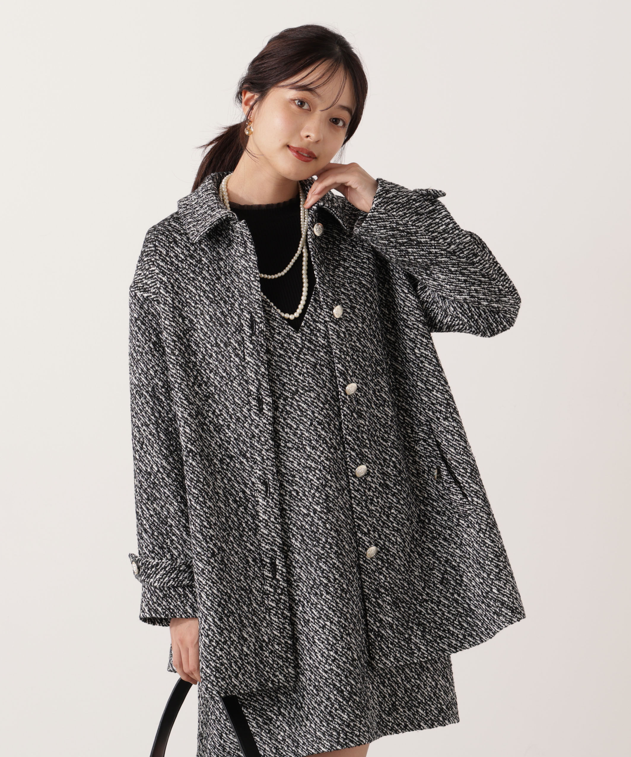 PROPORTION BODY DRESSING「金ボタン付きツイードミドルジャケット 25AW」|ブルゾン・スタジャン|