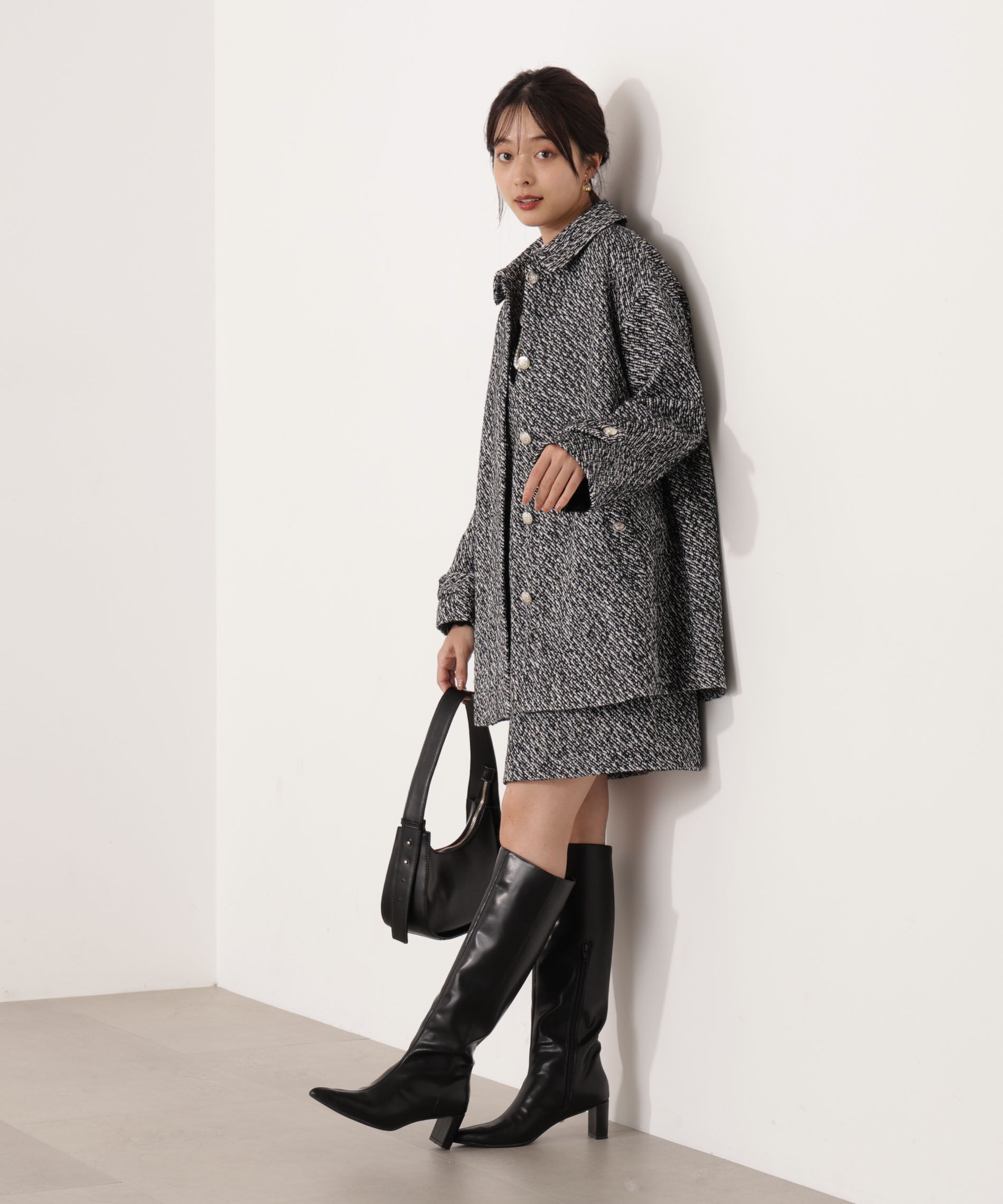 PROPORTION BODY DRESSING「金ボタン付きツイードミドルジャケット 25AW」|ブルゾン・スタジャン|