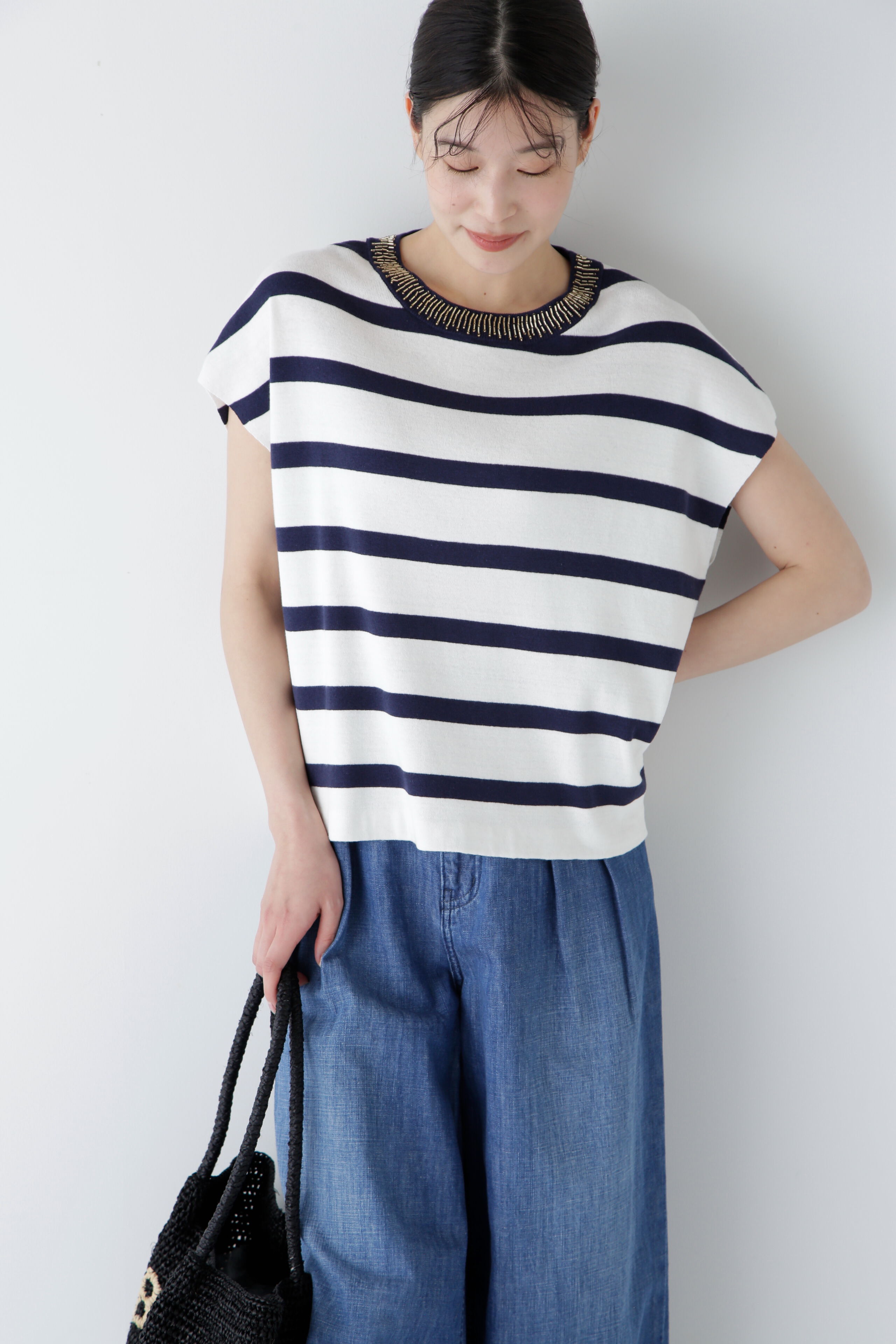  「◆【ウォッシャブル】ビジューボーダーニット」|ニット・セーター|ネイビー&times;ホ  3