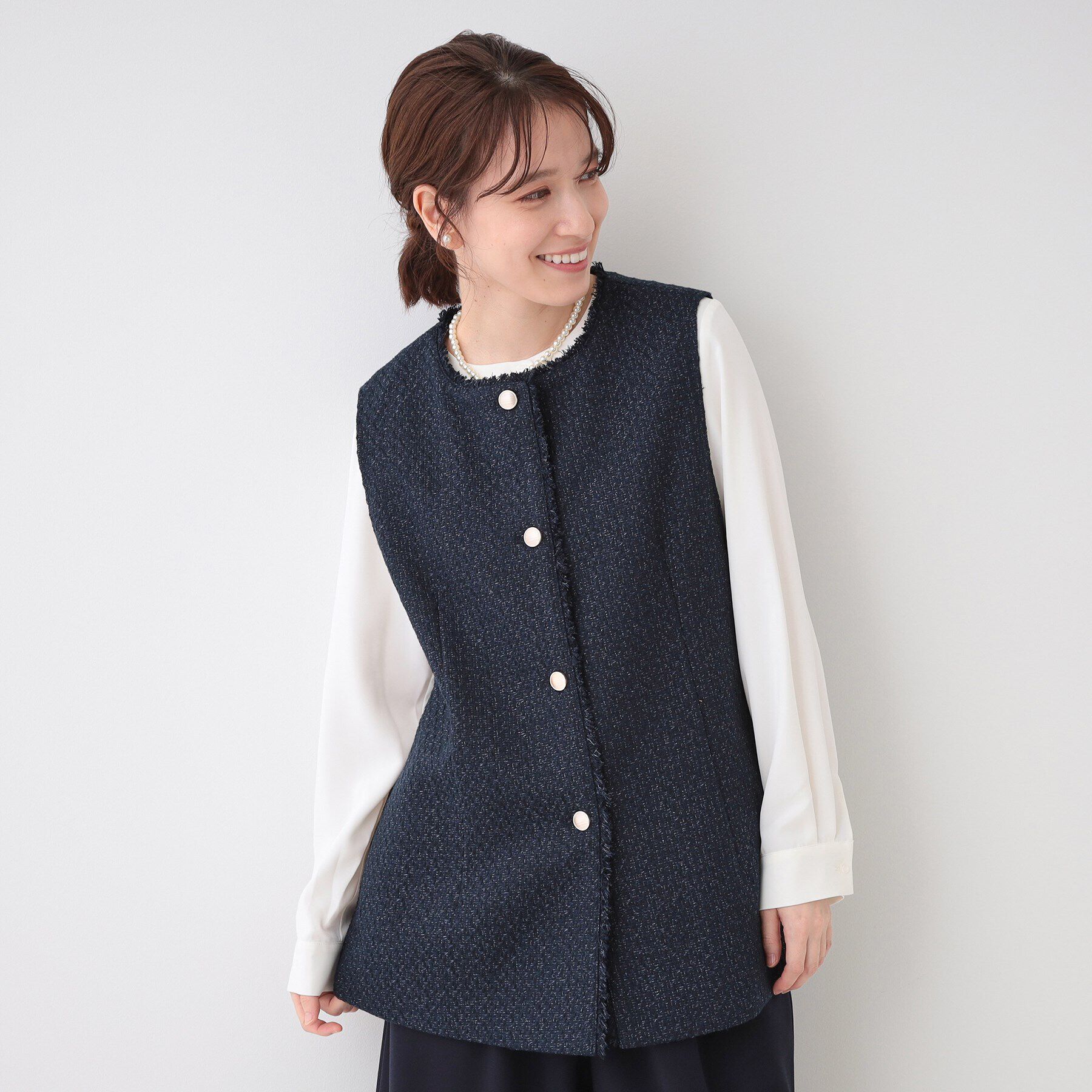 SHOO･LA･RUE「【セレモニーからデイリーまで】フリンジ ツイードジレ」|ベスト・ジレ|ネイビー(494)