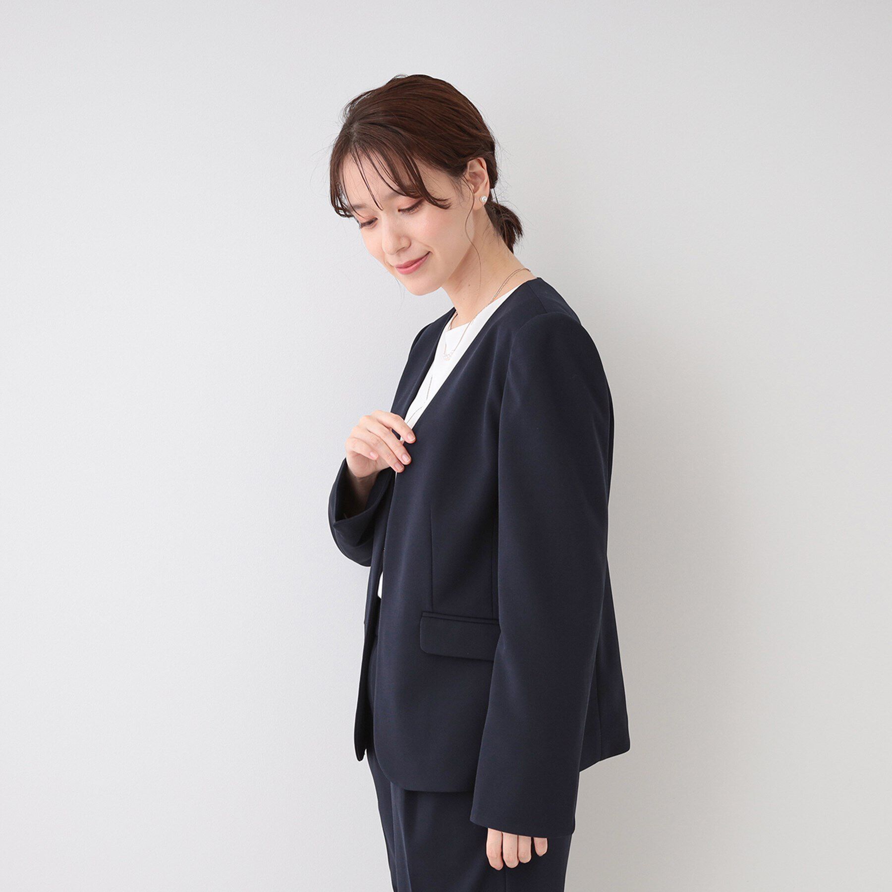 SHOO･LA･RUE「【洗える/S-3L/セットアップ可】セレモニーや通勤に カットジョーゼット Vネックジャケット」|ノーカラージャケット|