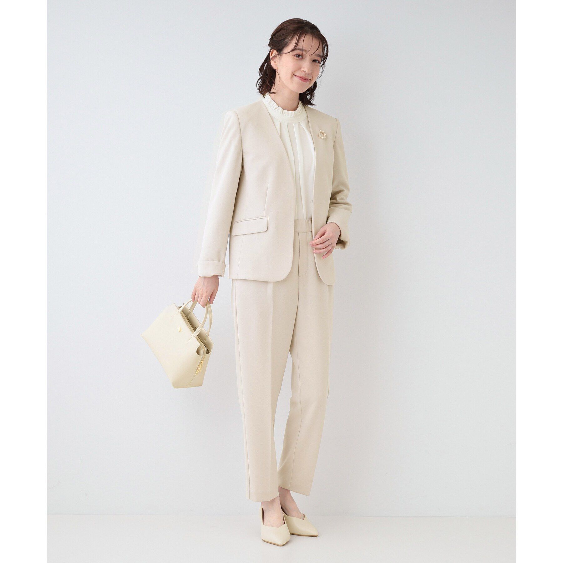 SHOO･LA･RUE「【洗える/S-3L/セットアップ可】セレモニーや通勤に カットジョーゼット Vネックジャケット」|ノーカラージャケット|