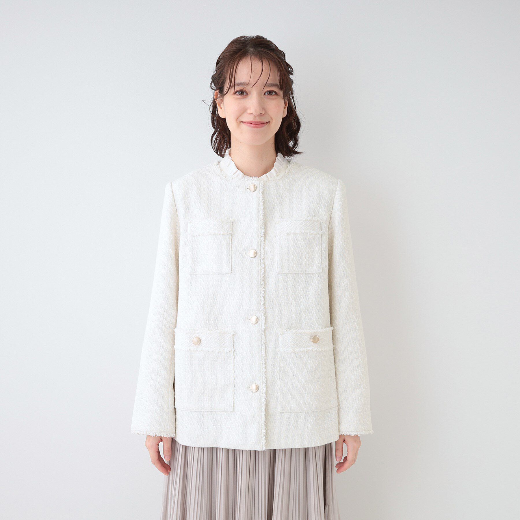 SHOO･LA･RUE「【S-3L/セレモニーからデイリーまで】フリンジツイードジャケット」|ノーカラージャケット|