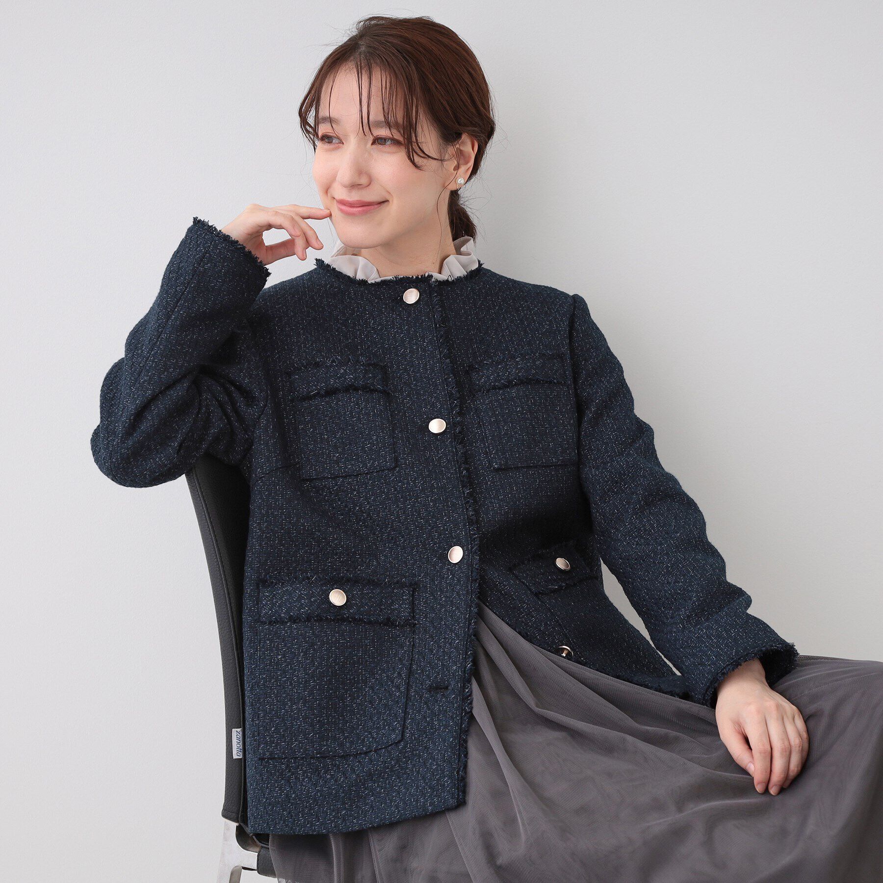 SHOO･LA･RUE「【S-3L/セレモニーからデイリーまで】フリンジツイードジャケット」|ノーカラージャケット|ネイビー(494)